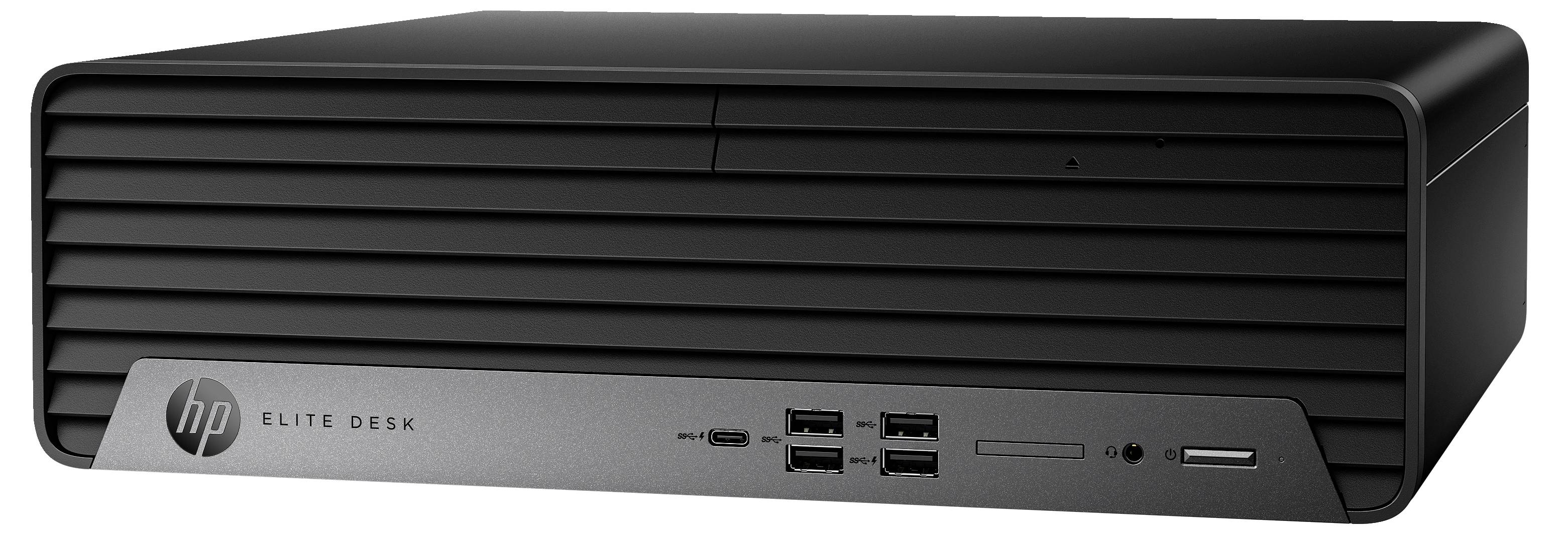 Ein schwarzer HP Elite Desk Desktop-Computer mit mehreren USB-Anschlüssen und Kopfhörerbuchse auf der Vorderseite.