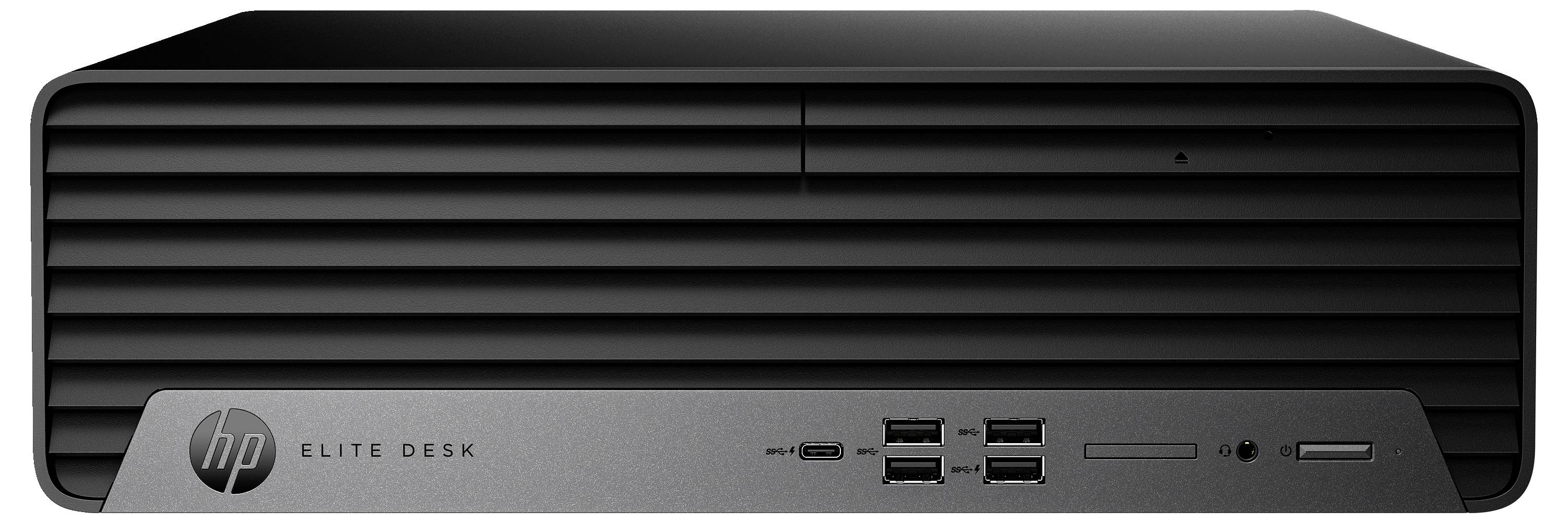 HP EliteDesk-PC in Schwarz. Das Design ist flach und kompakt, mit mehreren USB-Anschlüssen an der Vorderseite.