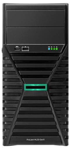 Ein schwarzer Computer-Server mit moderner Lüftungsgitterstruktur auf der Vorderseite. Die Beschriftung unterhalb lautet 'ProLiant ML30 Gen11'.