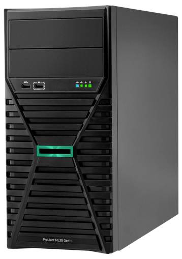 Ein schwarzer Desktop-Computer-Tower mit Lüftungsschlitzen und mehreren Eingangsanschlüssen auf der Frontseite.