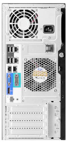 Rückseite eines Computers mit Anschlüssen: Lüfter, Netzanschluss, USB- und Ethernet-Ports, VGA und serielle Schnittstellen.