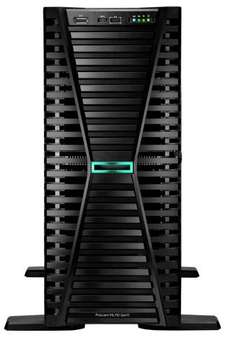 Ein schwarzer Server-Tower mit LED-Leuchten und USB-Anschlüssen auf der oberen Vorderseite. Beschriftet mit 'ProLiant ML110 Gen11'.