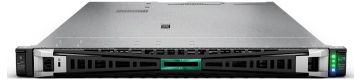 Server mit metallischem Gehäuse, flach und rechteckig, mit Lüftungsschlitzen vorne und blauen sowie grünen Anzeigelichtern.