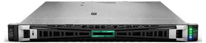 Ein Servergerät mit rechteckigem Design und Metallgehäuse. Der Server hat Lüftungsschlitze an der Vorderseite und leuchtende Kontrollleuchten auf der rechten Seite.