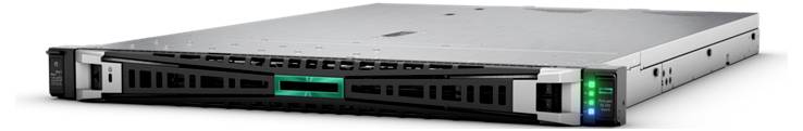 Silberfarbener Server in Rack-Bauform mit leuchtendem grünen LED-Licht, dargestellt von vorne in seitlicher Perspektive.