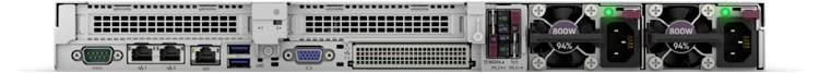 Rückseite eines Servers mit Netzteilen, Kühlventilatoren, mehreren Anschlüssen und Lüftungsschlitzen.