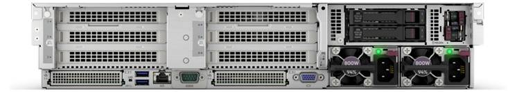 Rückansicht eines Servergehäuses mit Lüftern, USB-Anschlüssen und weiteren Schnittstellen für Datenverwaltung und Kühlung.