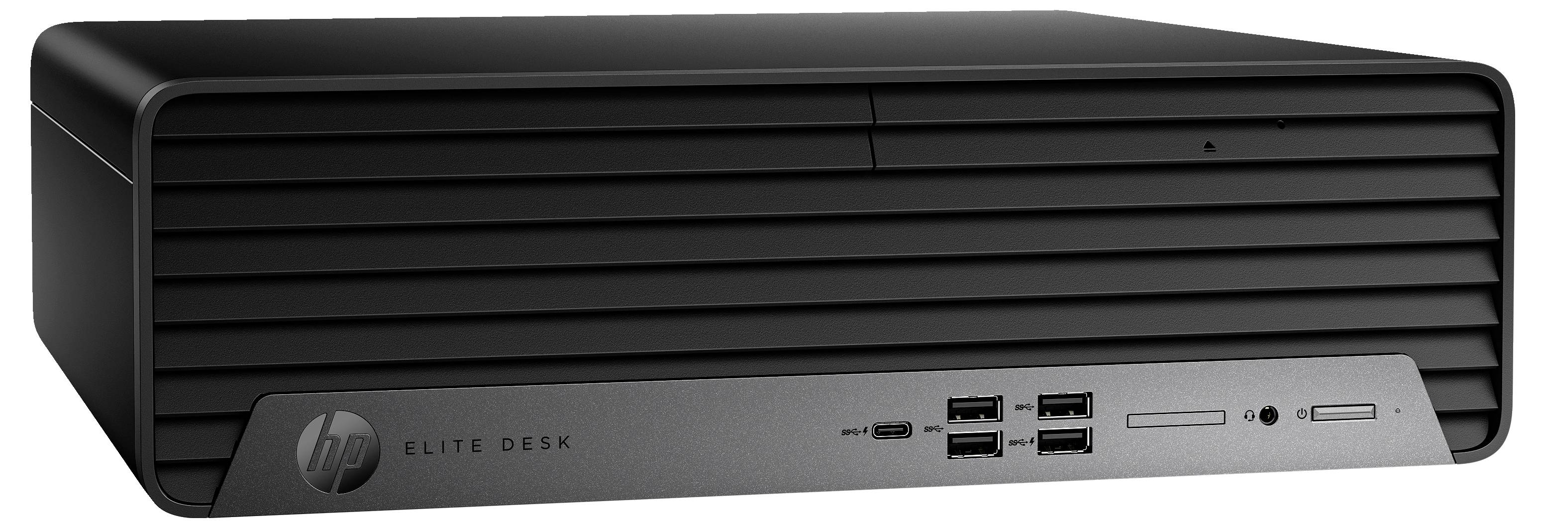 Ein schwarzer HP EliteDesk-Computer in horizontaler Position mit mehreren USB-Anschlüssen und einem CD-Laufwerk an der Vorderseite.