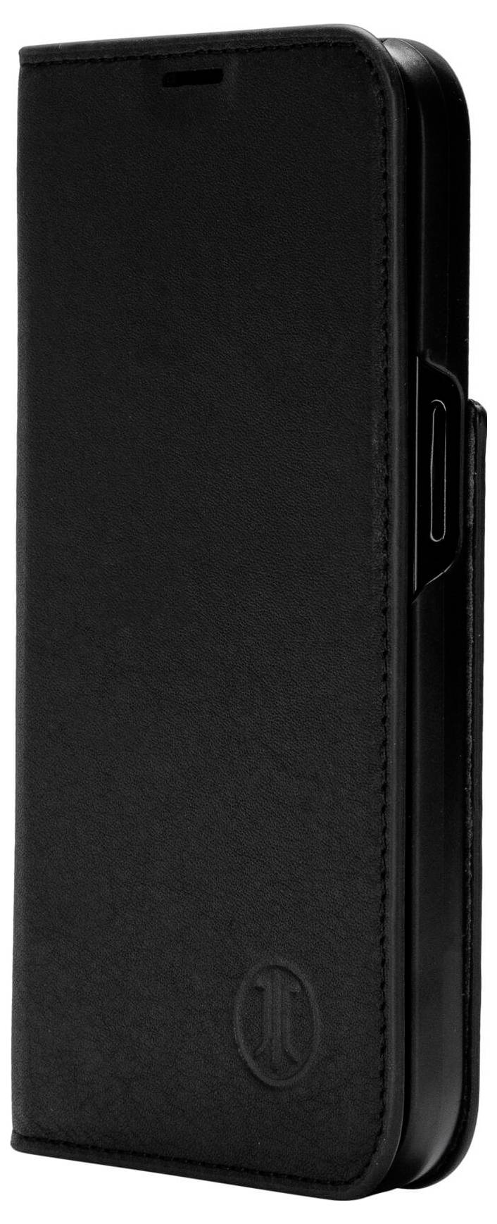 Schwarzes Smartphone-Etui aus Leder mit geprägtem Logo, vertikal ausgerichtet.