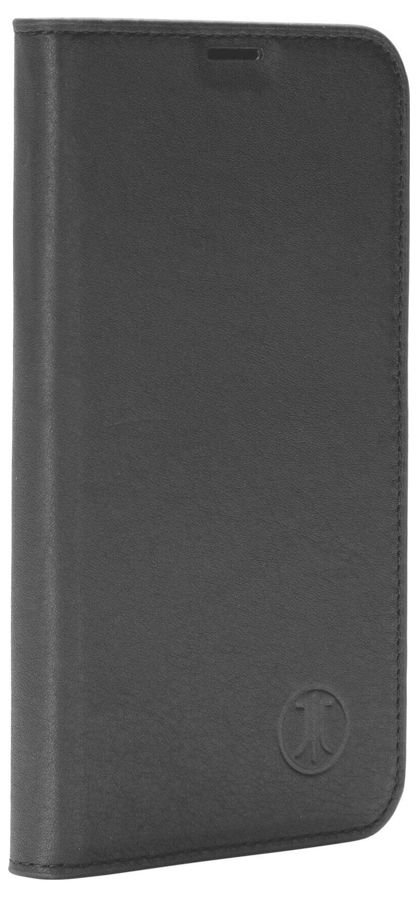 Schwarze Smartphone-Hülle aus Leder, stehend gezeigt. Sie hat eine glatte Oberfläche mit einem geprägten Kreis-Logo unten rechts.