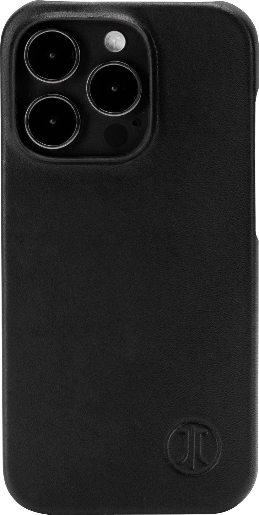 Schwarze Smartphone-Hülle mit drei Kameraöffnungen und einem Firmenlogo, passend für ein modernes Handy-Modell.