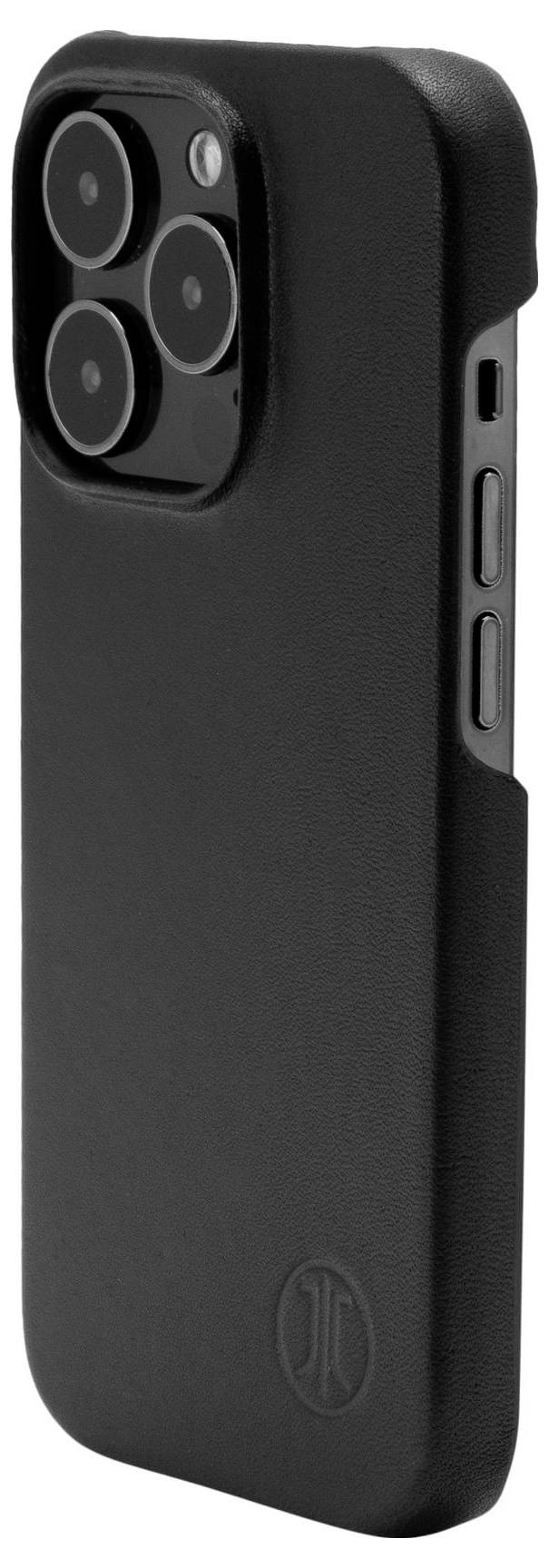 Schwarzes Smartphone mit Schutzhülle, drei Kameraobjektive hinten sichtbar, seitlich zwei Tasten.