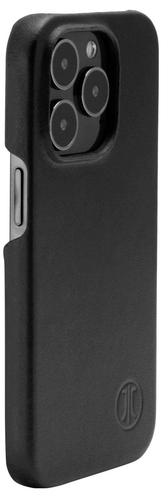 Schwarzes Smartphone mit Lederhülle und hervorgehobener Kameraeinsparung auf der Rückseite, markantes Design.