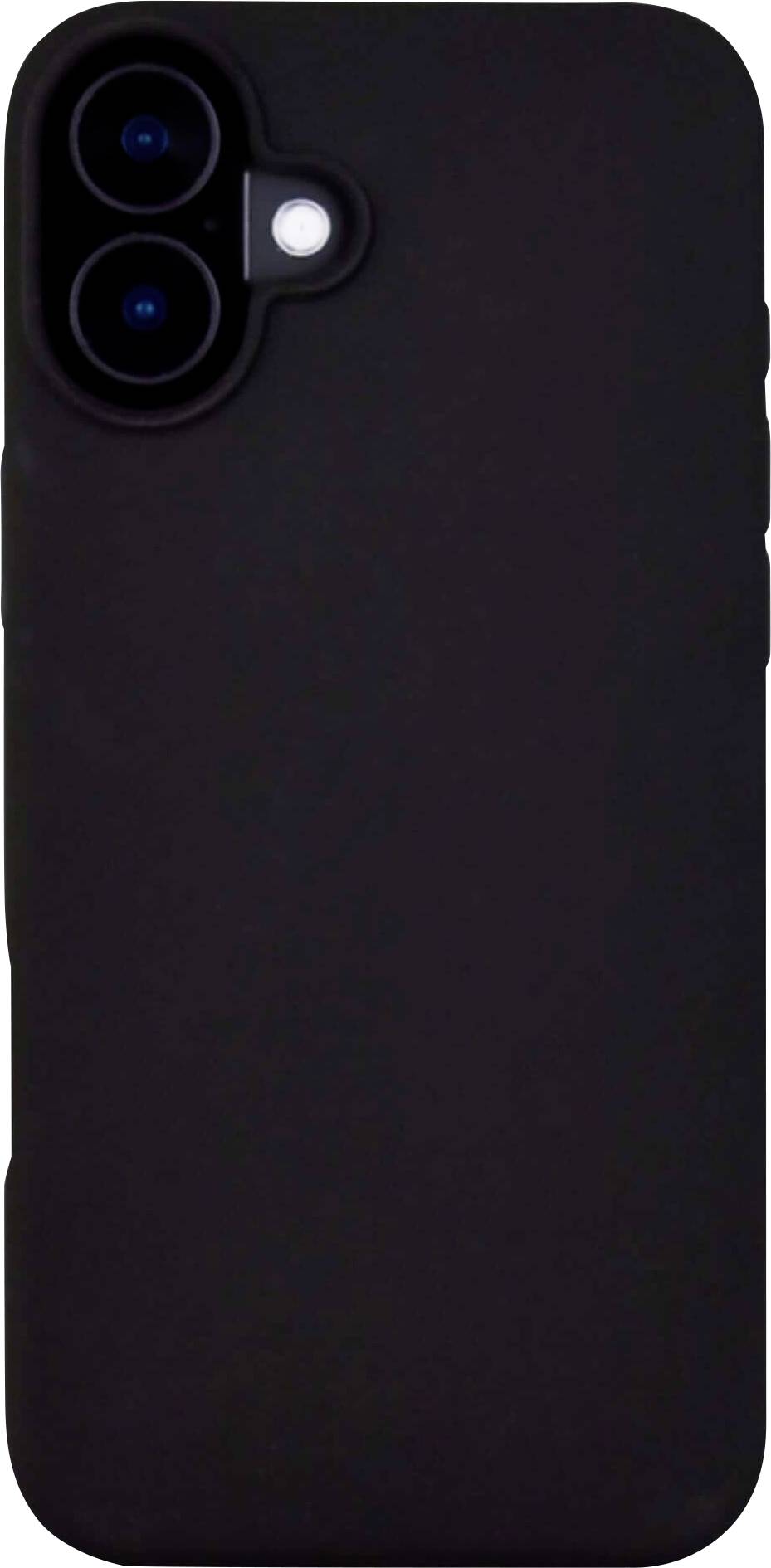 Schwarzes Smartphone mit zwei Kameralinsen und einem Blitz auf der Rückseite.