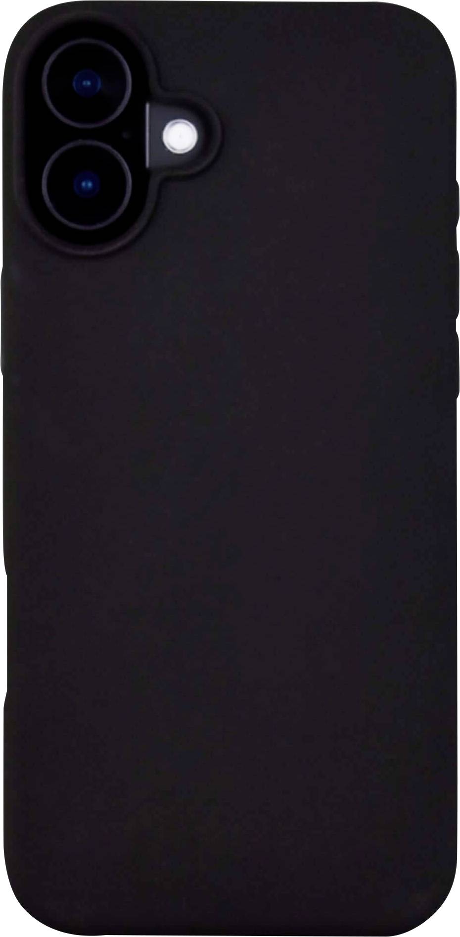 Ein schwarzes Smartphone in einer schwarzen Hülle ist von hinten zu sehen, wobei die Kameraobjektive oben links sichtbar sind.