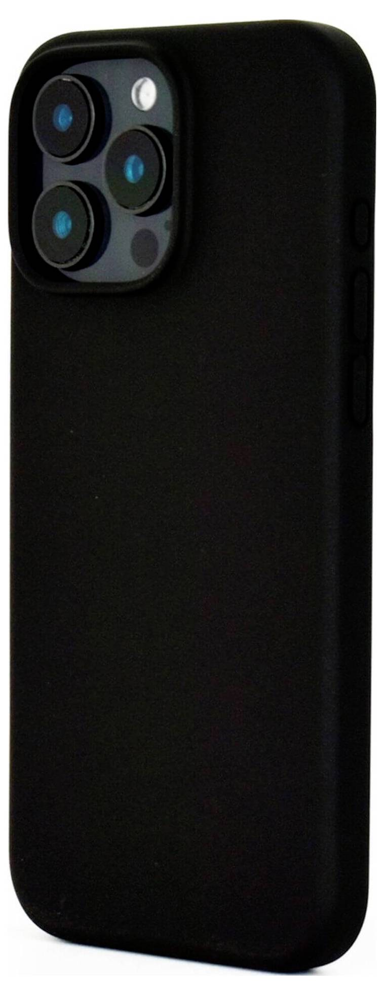 Schwarzes Smartphone mit Dreifachkamera auf der Rückseite, in einer schwarzen Schutzhülle.