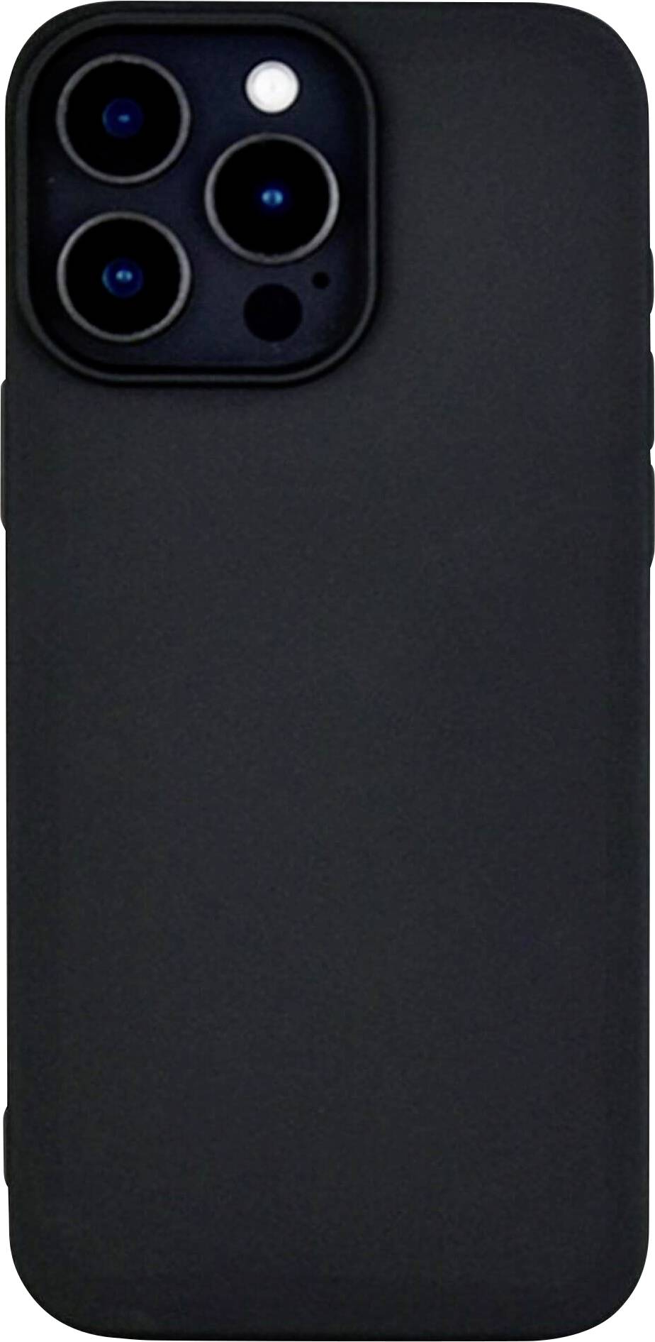 Ein schwarzes Smartphone mit drei Kameralinsen auf der Rückseite, ohne sichtbare Markenkennzeichnung oder weiteres Zubehör.