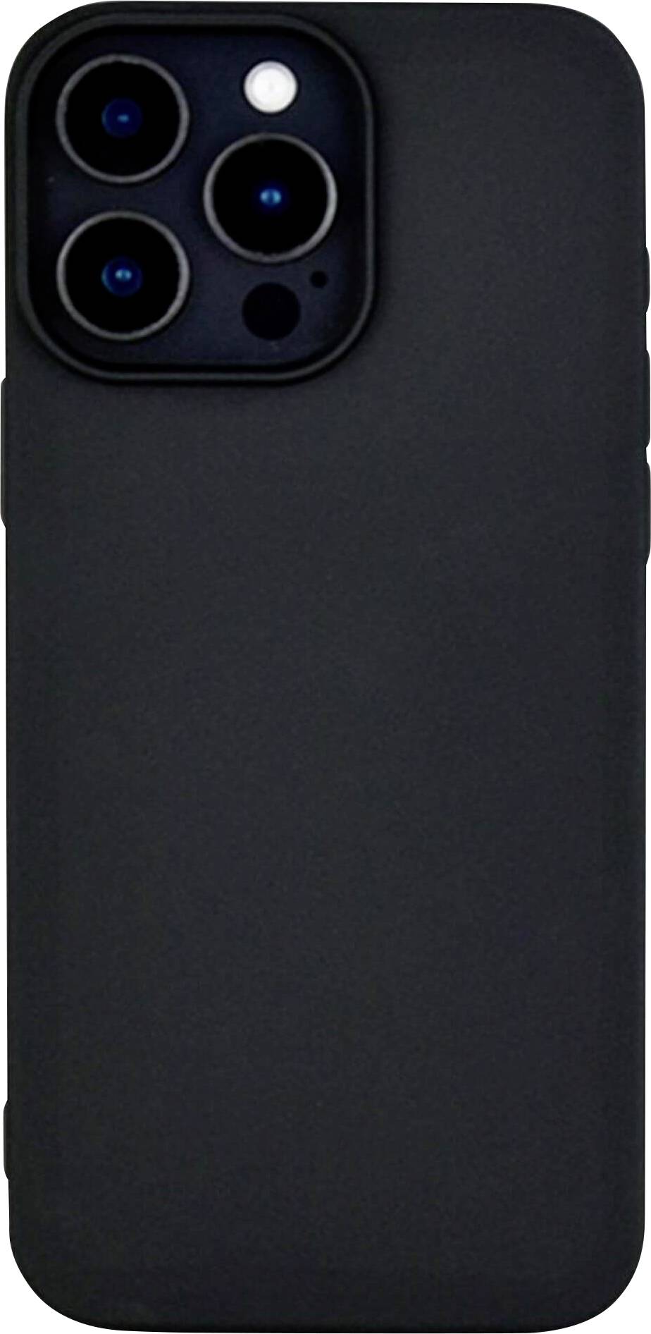 Dunkles Smartphone mit drei Kameralinsen und einem Blitz auf der Rückseite.