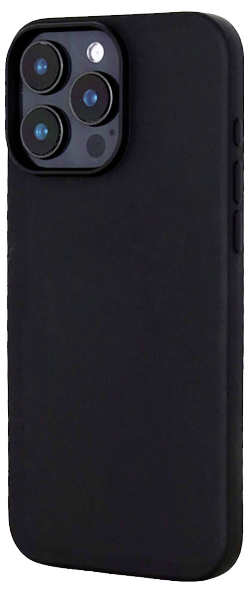 Ein schwarzes Smartphone mit drei Kameralinsen auf der Rückseite. Es hat ein schlichtes, elegantes Design.