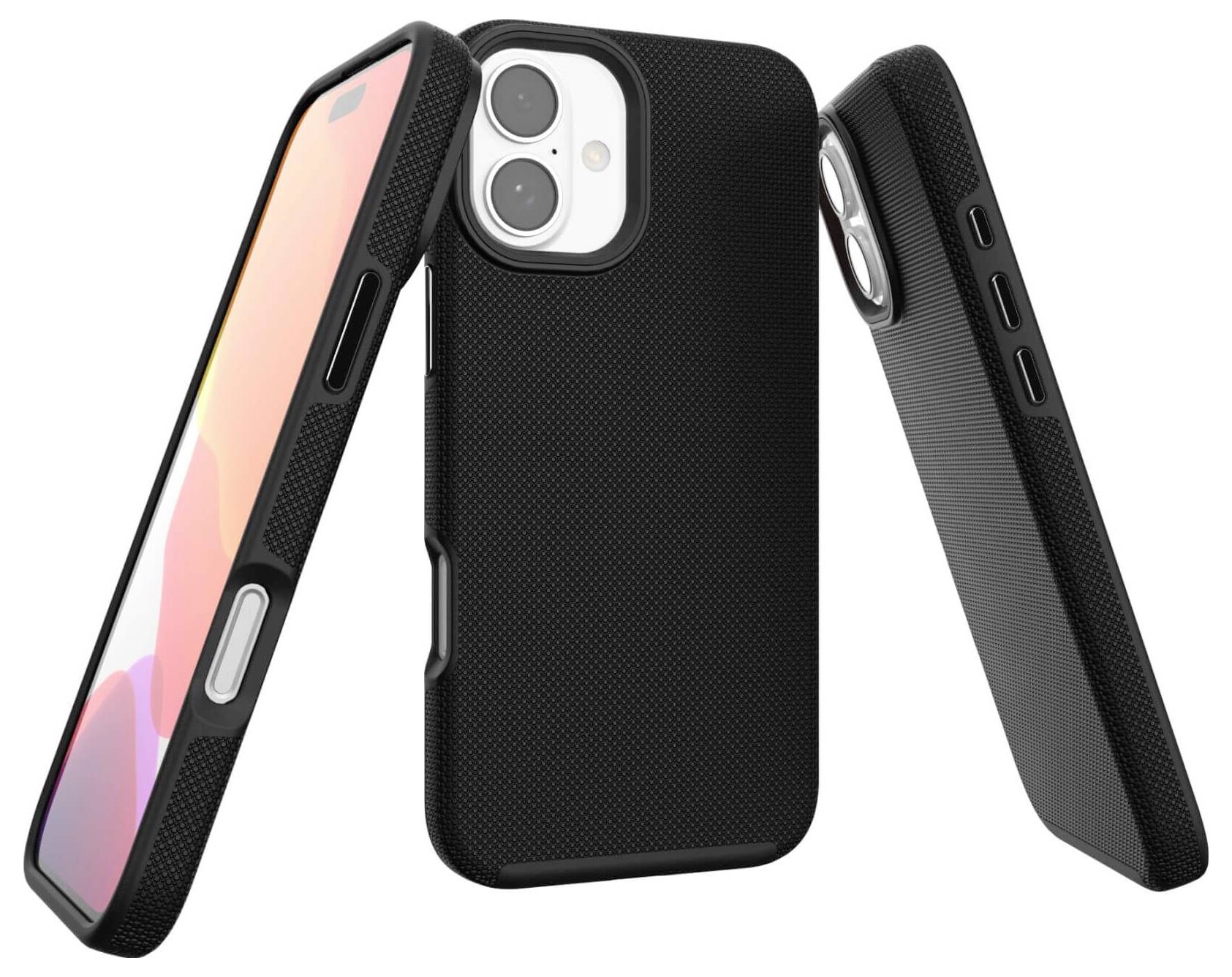 Drei schwarze Handyhüllen für Smartphones, die jeweils von verschiedenen Winkeln gezeigt werden, mit strukturiertem Rücken für besseren Halt.