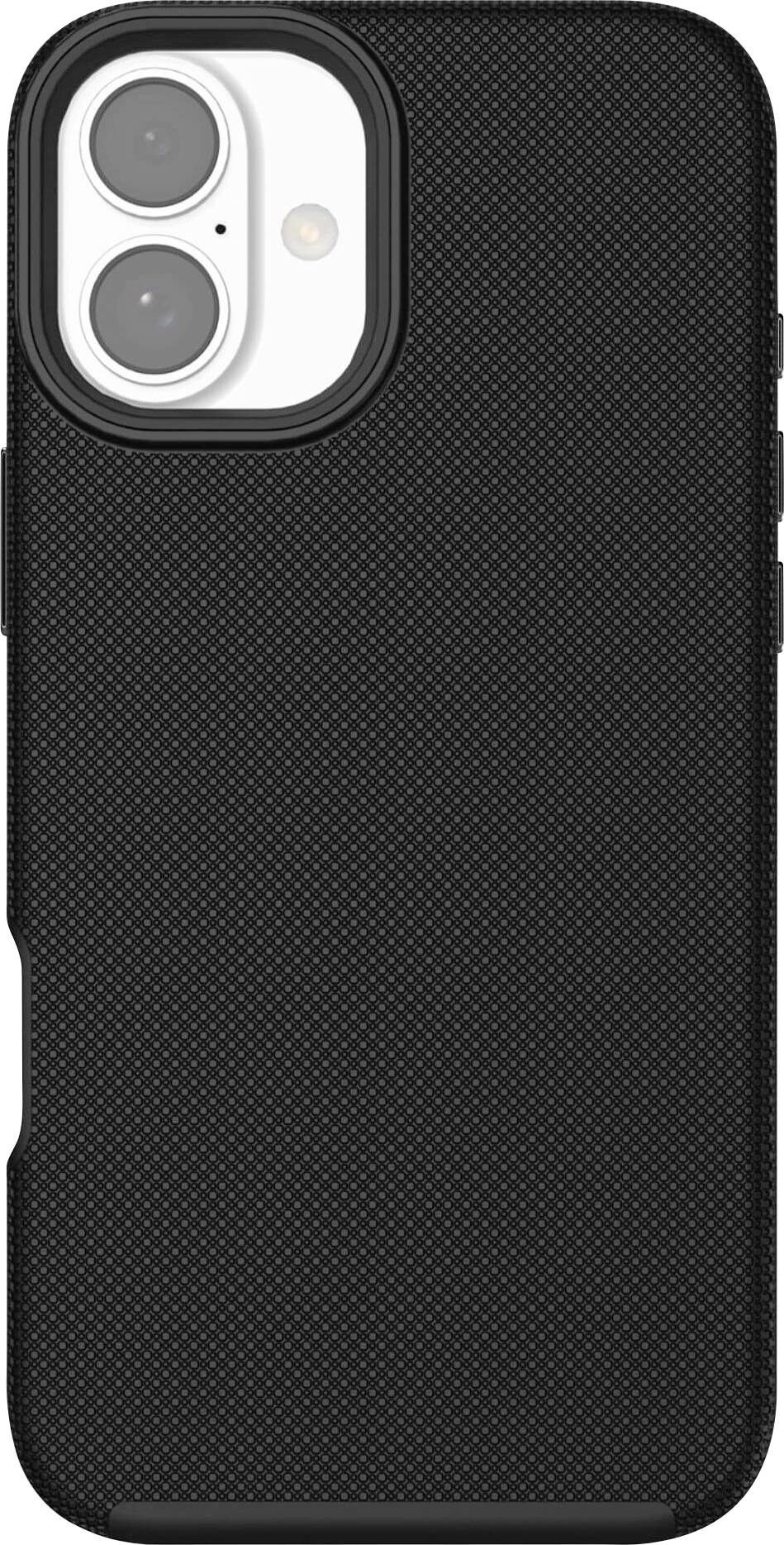 Ein schwarzes Smartphone mit schützendem, strukturiertem Case. Die Kamera mit zwei Linsen ist oben links sichtbar.