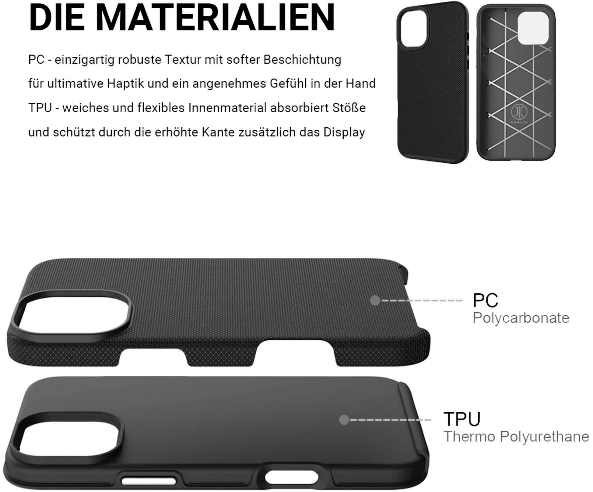 'Die Materialien': Zwei Handyhüllen, oben PC Polycarbonat, unten TPU Thermo Polyurethane, jeweils gekennzeichnet.