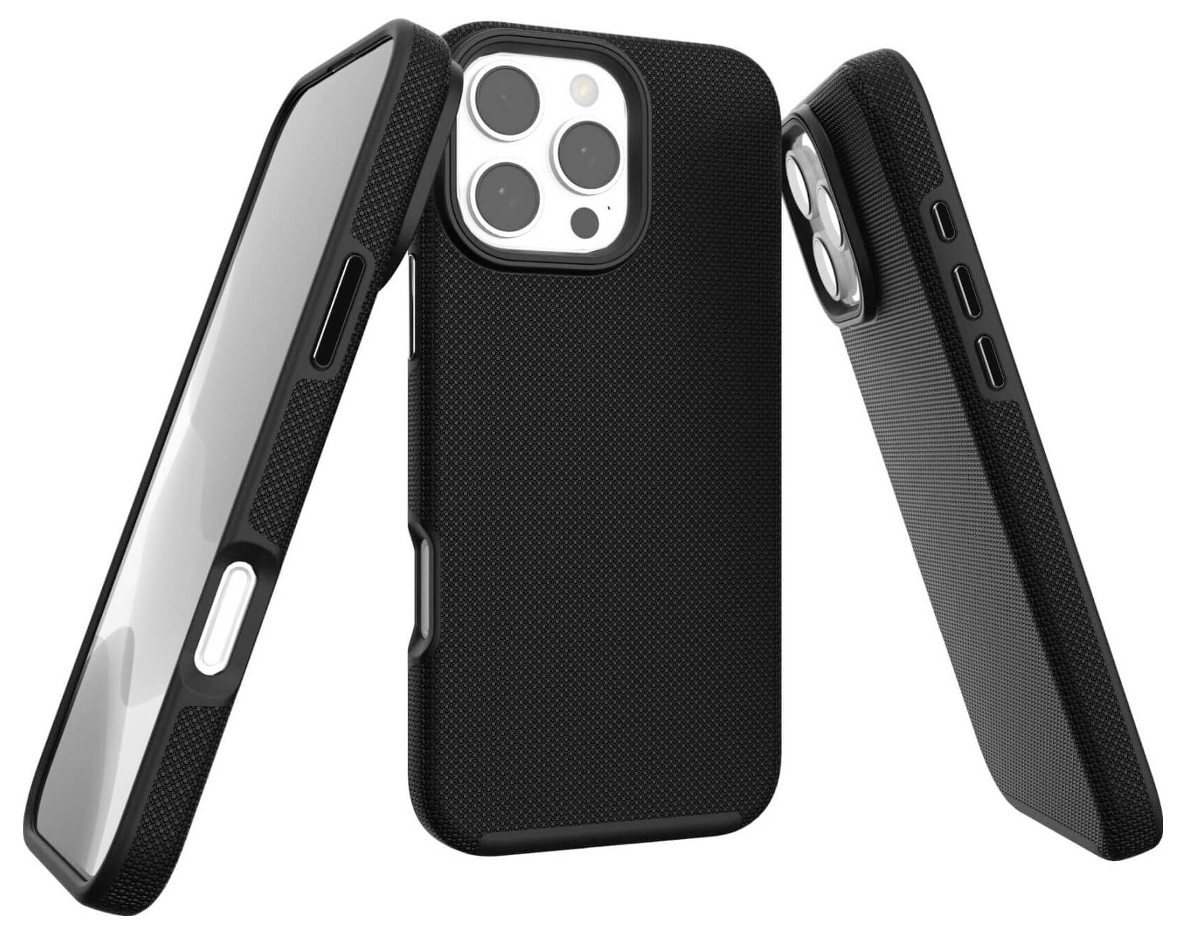 Drei schwarze Handyhüllen für ein Smartphone mit drei Kameralinsen, in unterschiedlichen Ansichten dargestellt.