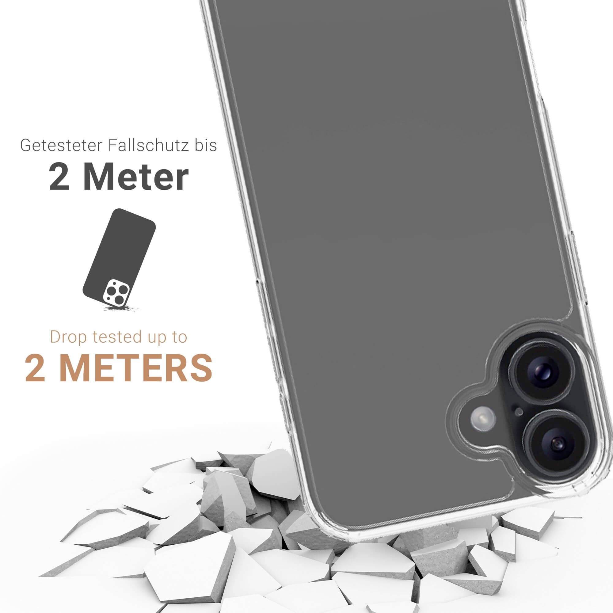 Ein Smartphone mit transparentem Schutzgehäuse liegt auf zerbrochenen Fliesen. Text: 'Getesteter Fallschutz bis 2 Meter'.