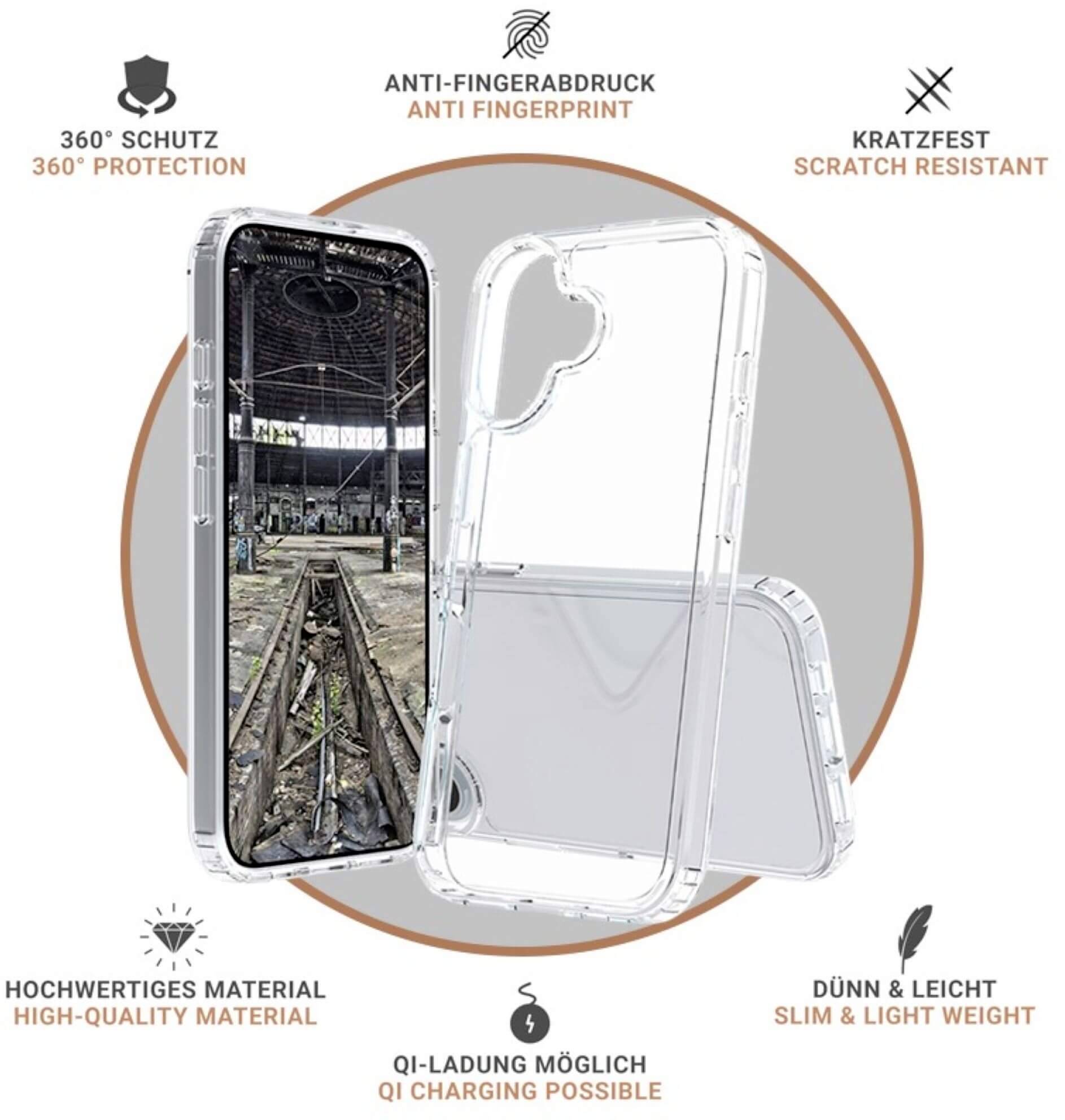 Transparente Handyhülle mit 360° Schutz, Anti-Fingerabdruck, kratzfest. Hergestellt aus hochwertigem Material, dünn und leicht. Qi-Ladung möglich.