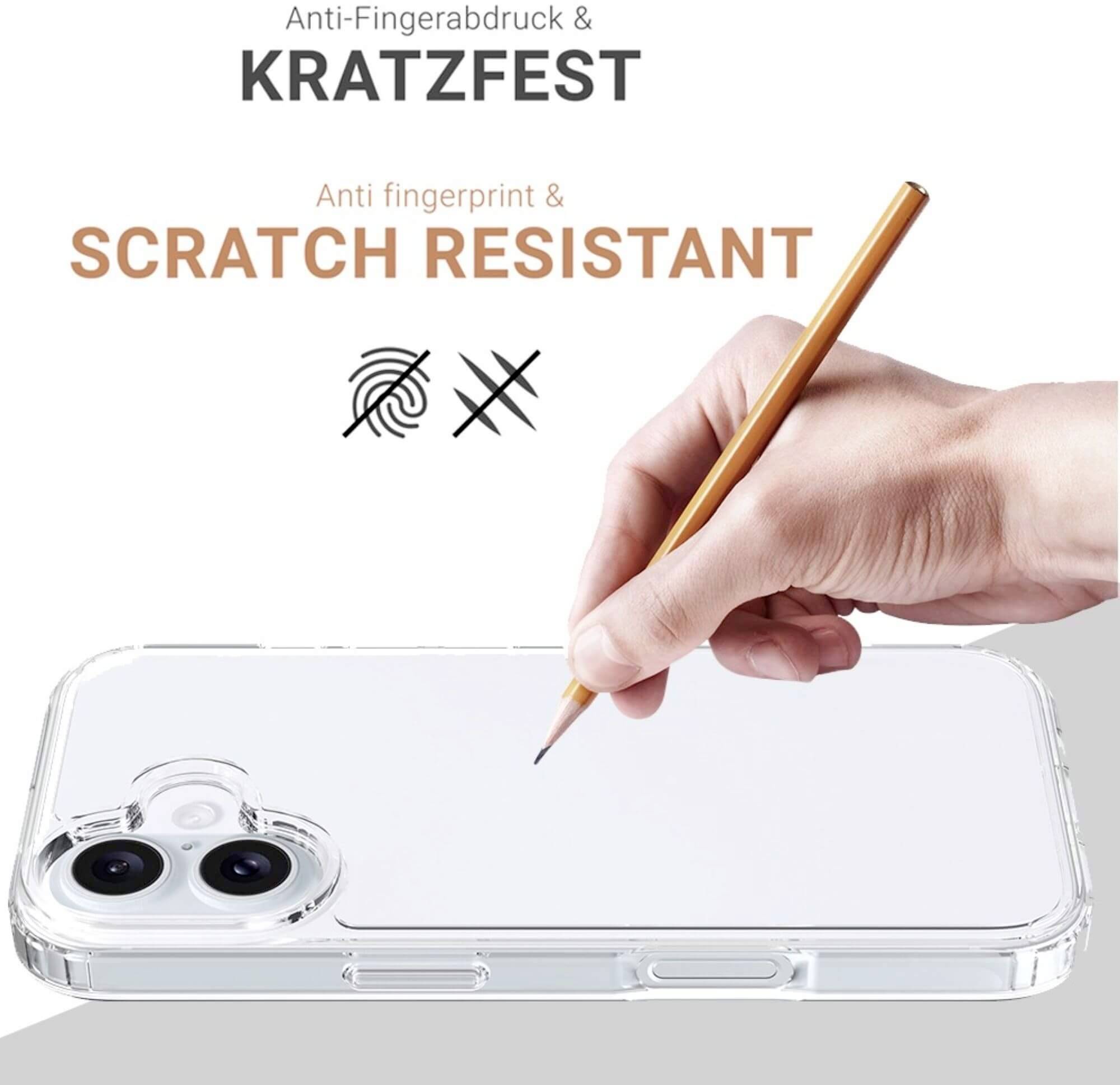 Klare Handyhülle, kratzfest und anti-Fingerabdruck, wird mit einem Bleistift getestet, um Schutz zu demonstrieren.