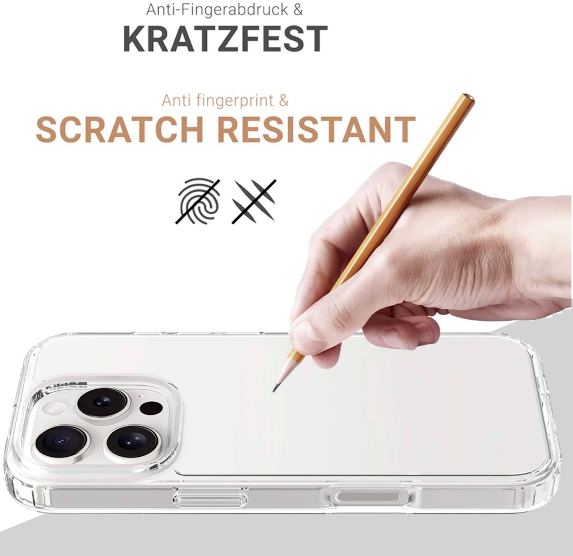 Ein Smartphone mit durchsichtigem Case wird von einer Hand gehalten. Text betont 'Kratzfest' und 'Anti-Fingerabdruck'.