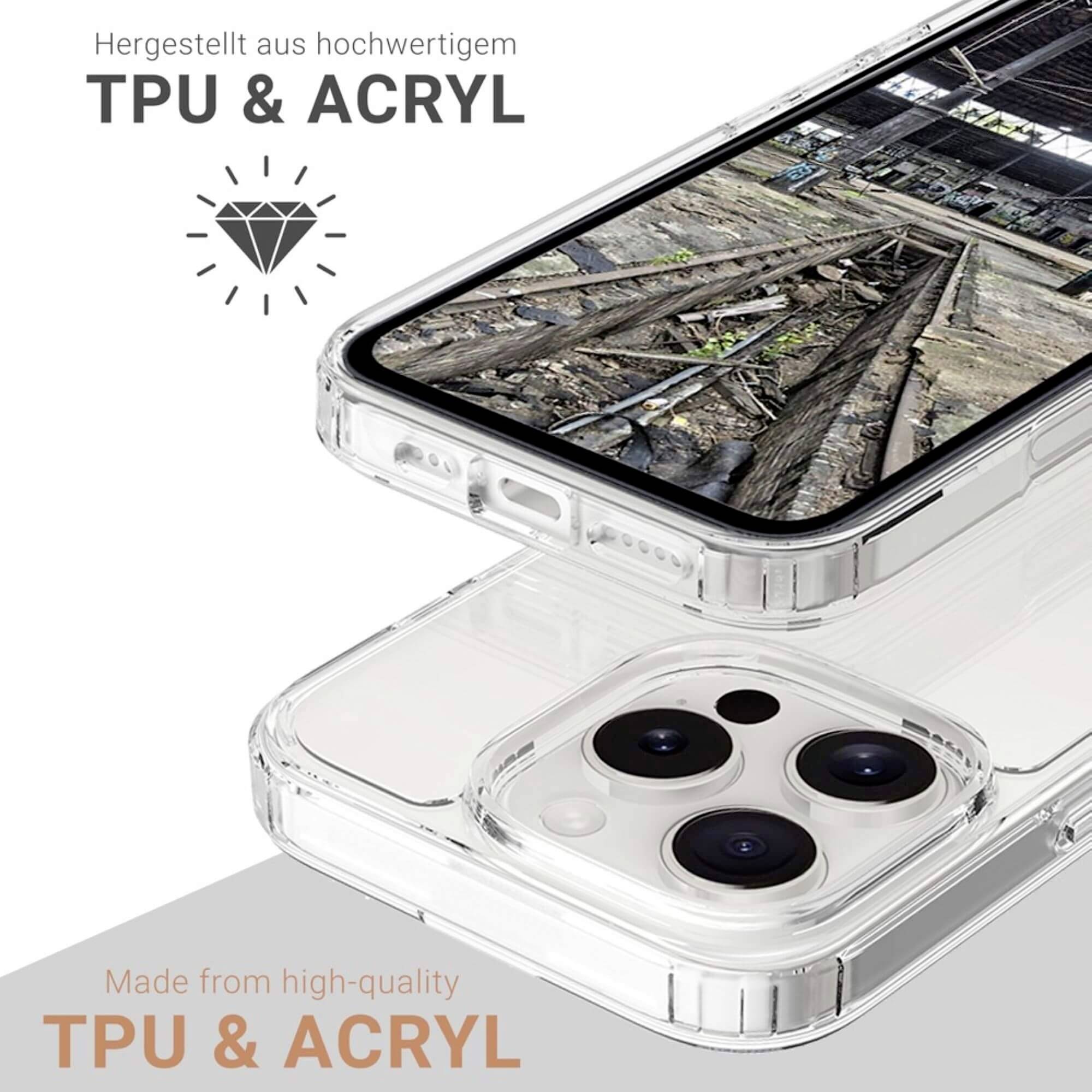 Transparente Handyhülle für ein Smartphone mit drei Kameras. Text oben: 'Hergestellt aus hochwertigem TPU & ACRYL'.