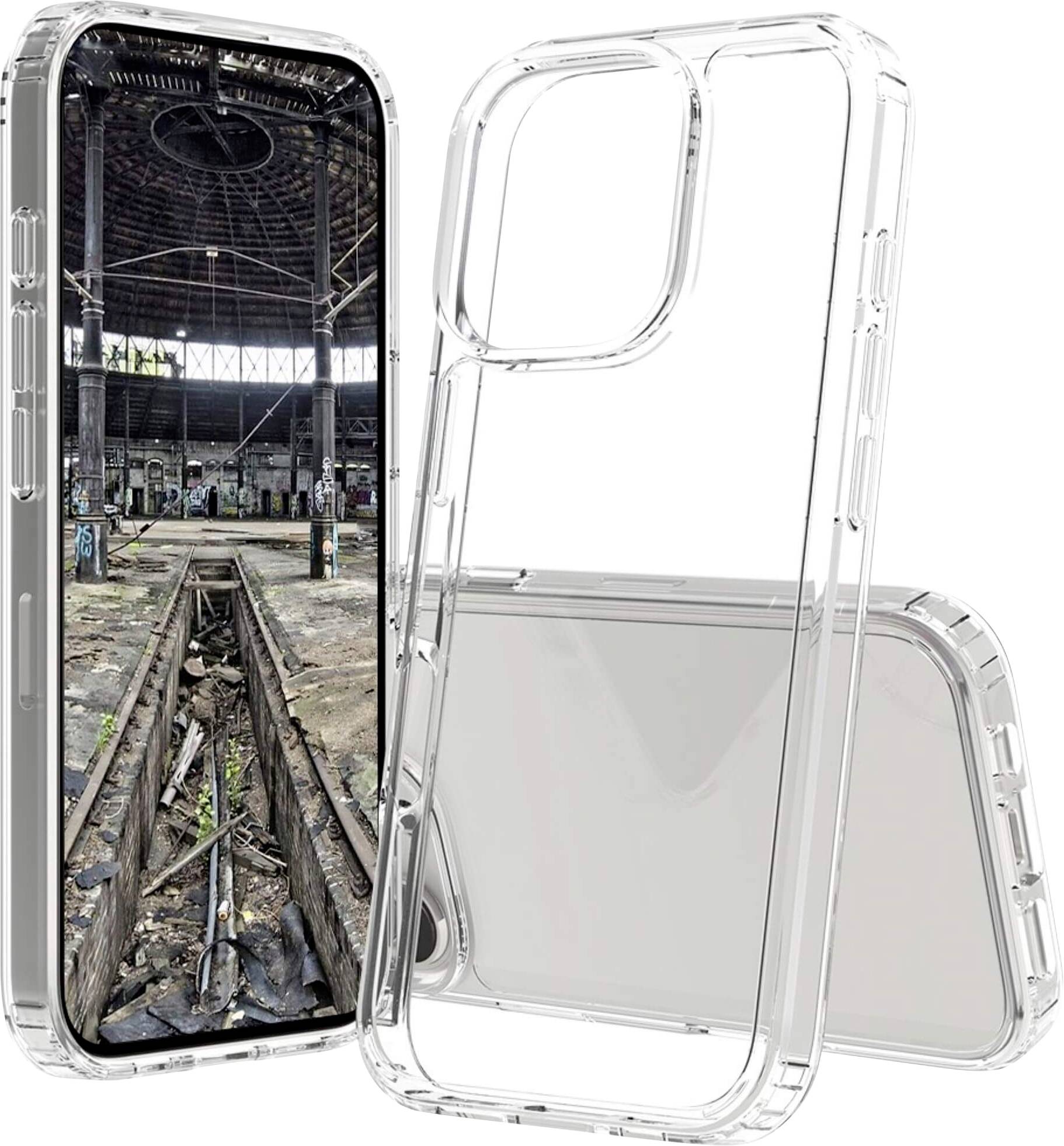 Ein Smartphone mit transparentem Gehäuse, das ein Foto eines verlassenen Bahndepots auf dem Bildschirm anzeigt.