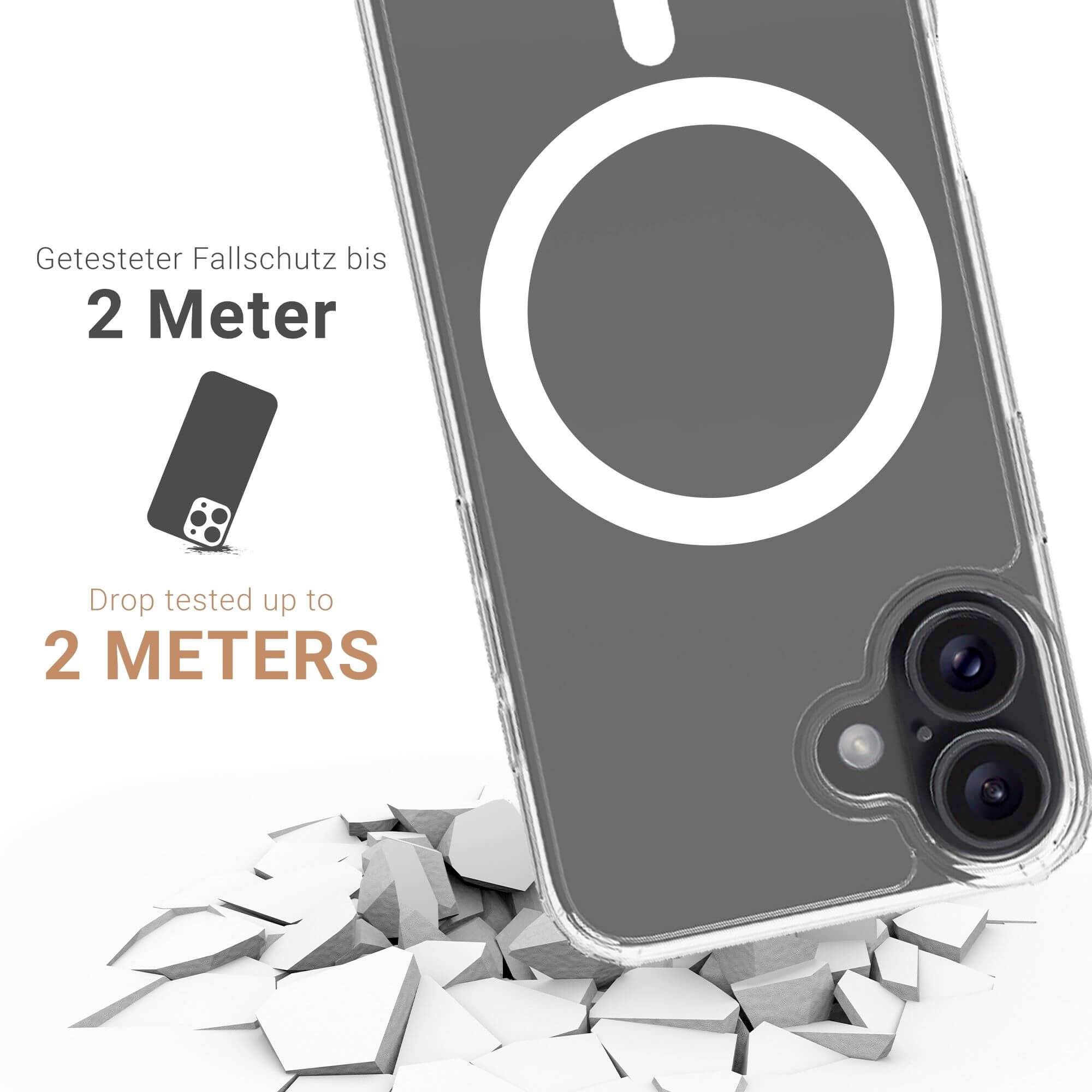 Smartphonehülle mit Fallschutz bis 2 Meter auf zerbrochenem Boden. Text: 'Geprüfter Fallschutz bis 2 Meter'.