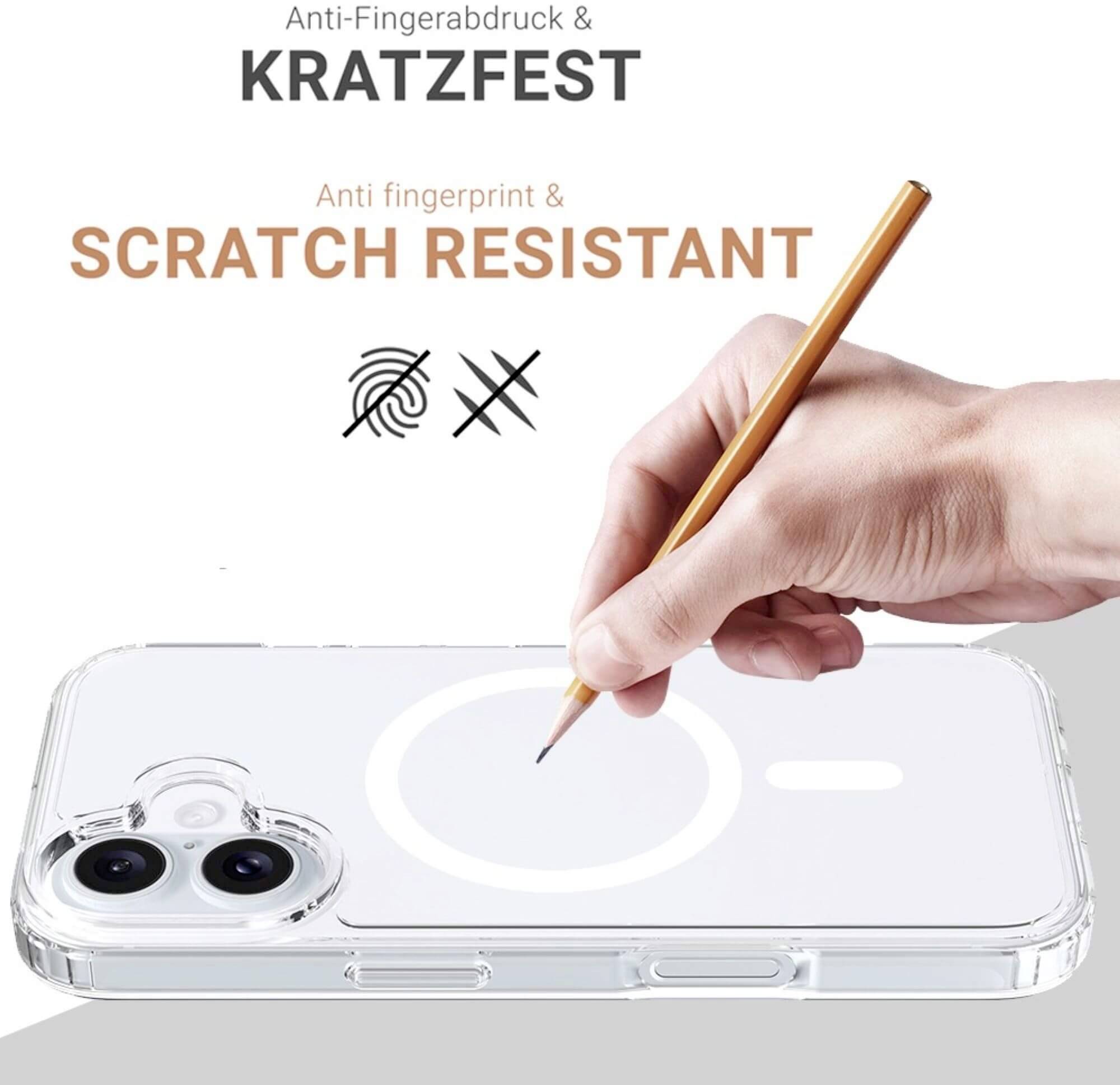 Ein durchsichtiges Handycase mit der Aufschrift 'KRATZFEST' und 'Anti-Fingerabdruck', zeigt eine Hand mit Stift als kratzfest.