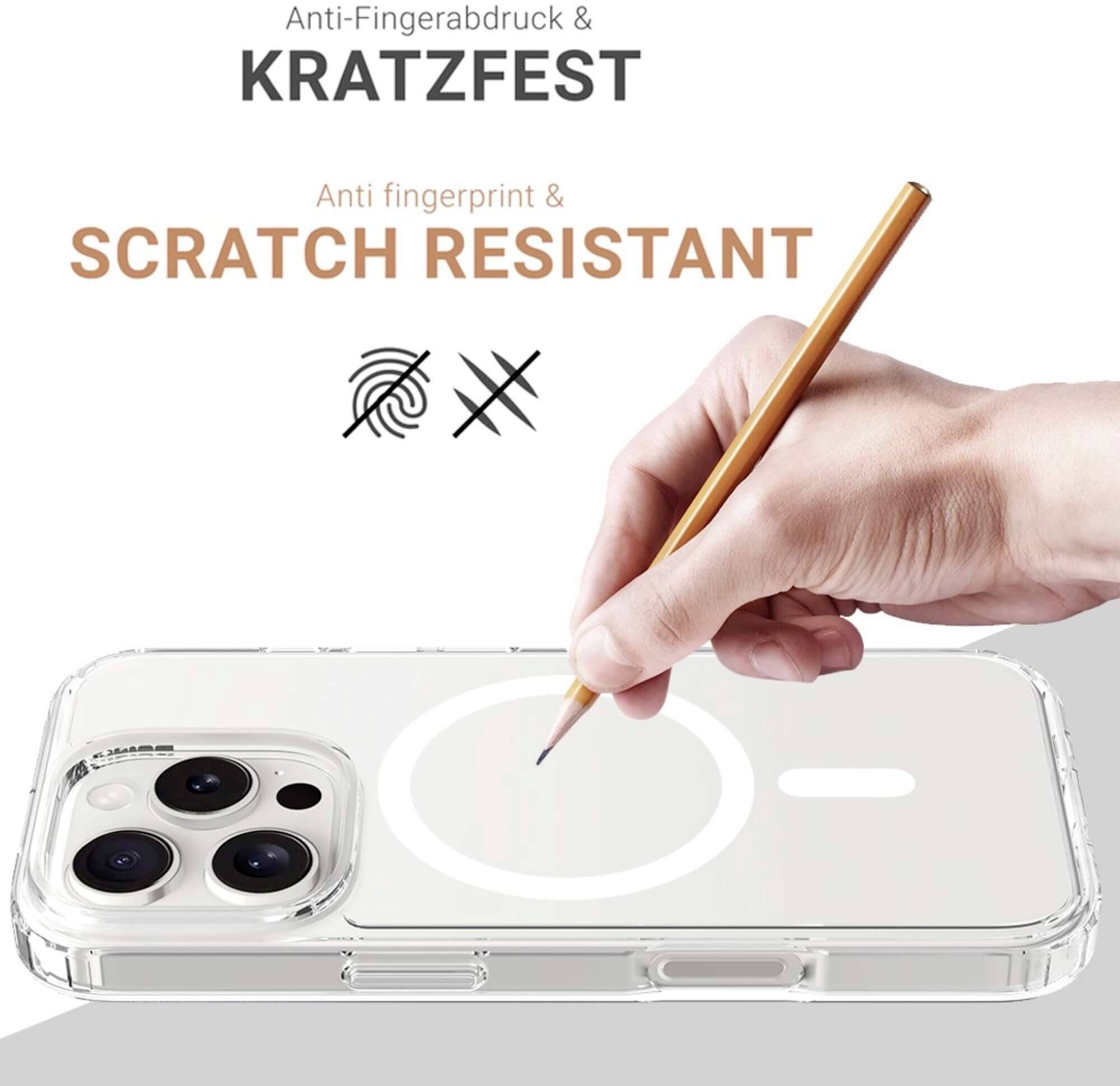Eine Hand zieht mit einem Bleistift über die Rückseite eines durchsichtigen Handycovers. Text: 'Kratzfest' und 'Anti-Fingerabdruck'.