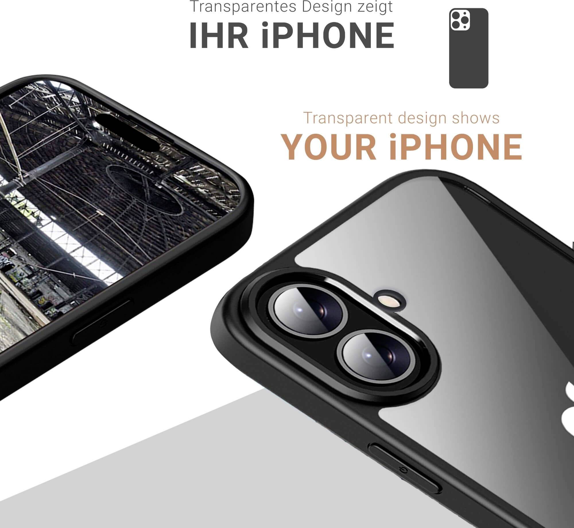 Durchsichtiges Handyhüllen-Design zeigt die Rückseite eines iPhones. Text: 'Transparentes Design zeigt IHR iPHONE'.