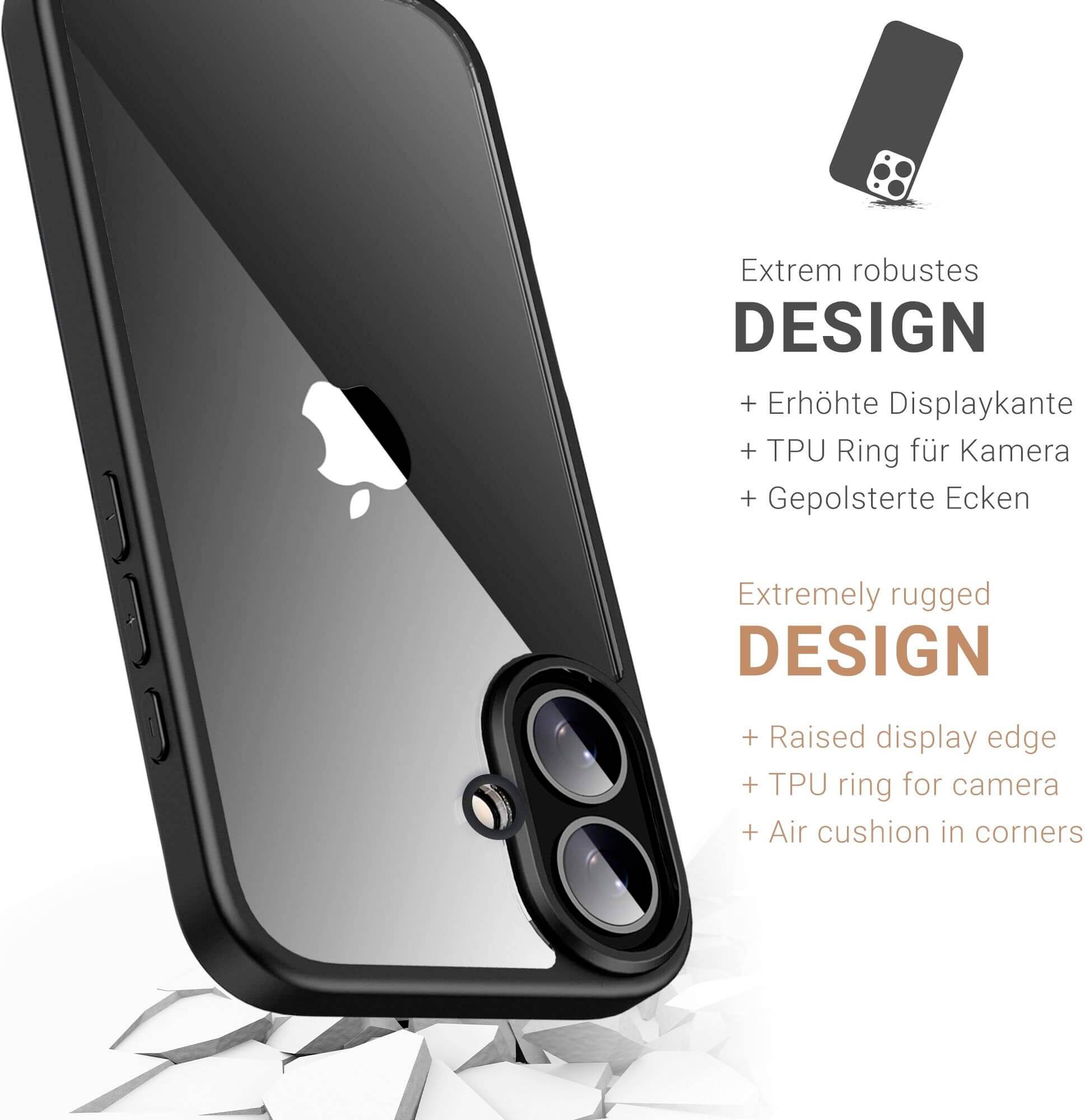 iPhone-Hülle mit erhöhtem Displayrand, TPU-Ring für Kamera und gepolsterten Ecken. Schwarze Farbe, zeigt robuste Bauweise.