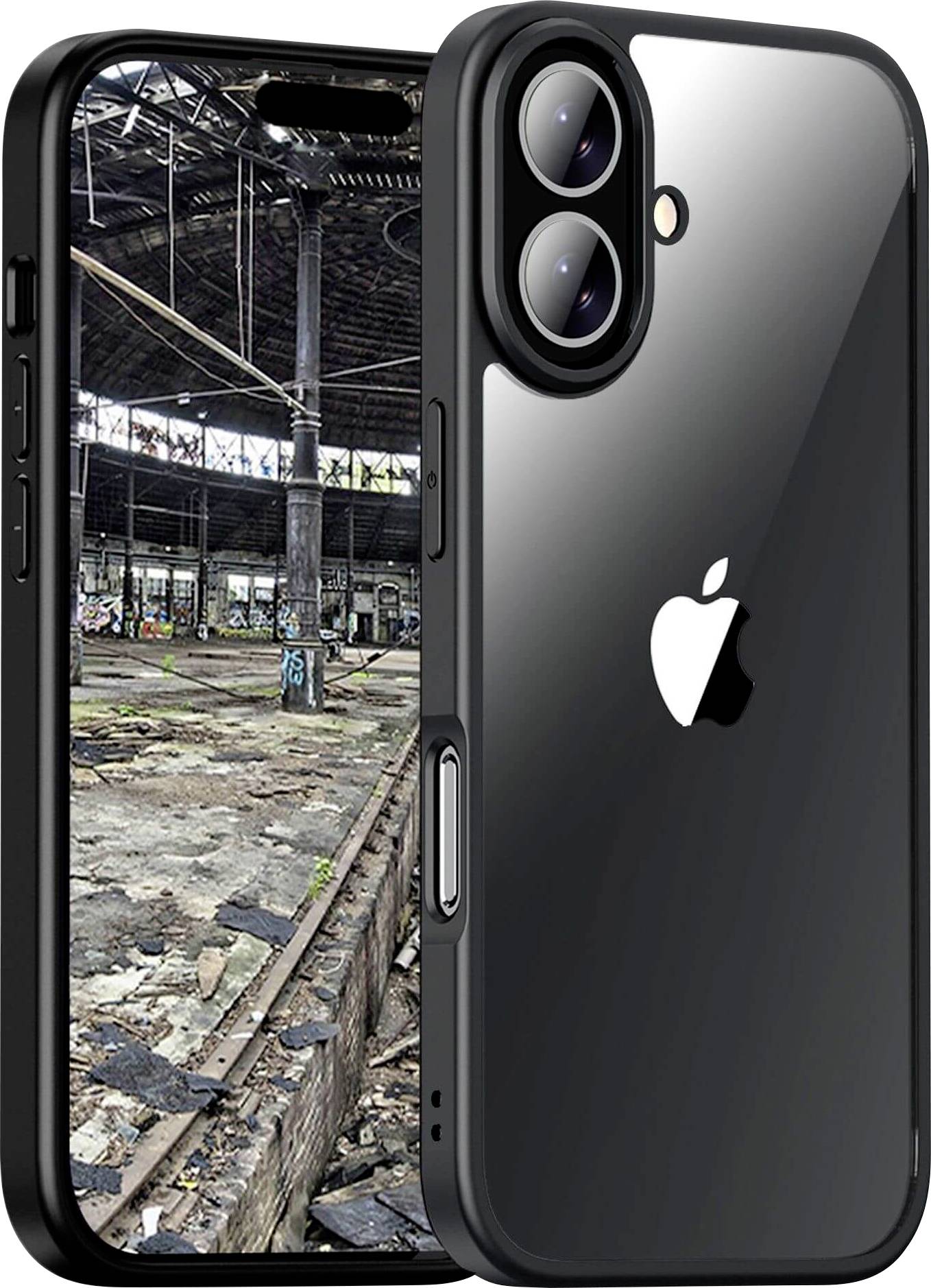 Ein glänzendes, schwarzes Smartphone mit Doppelkamera zeigt im Bildschirm ein Bild von einer verlassenen, verfallenen Fabrikhalle.