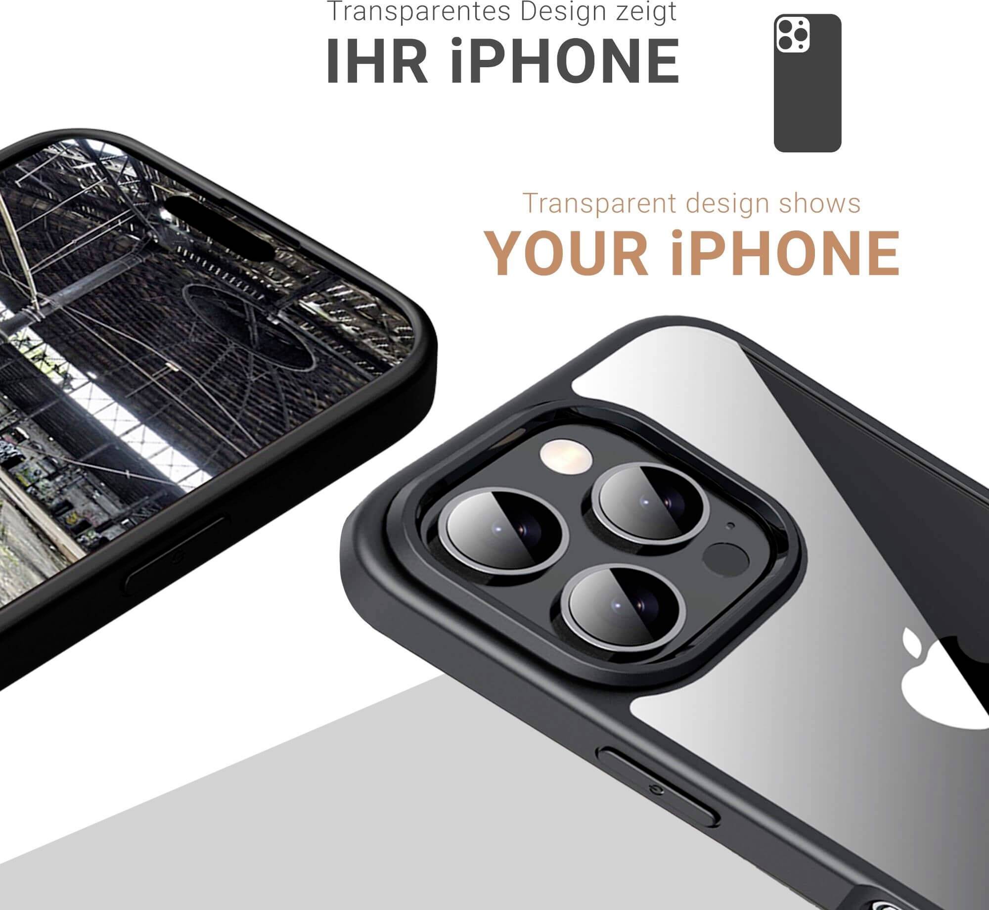 'Zwei Smartphone-Hüllen zeigen das transparente Design, das das iPhone zur Geltung bringt. Text: 'Transparentes Design zeigt IHR iPHONE'.'