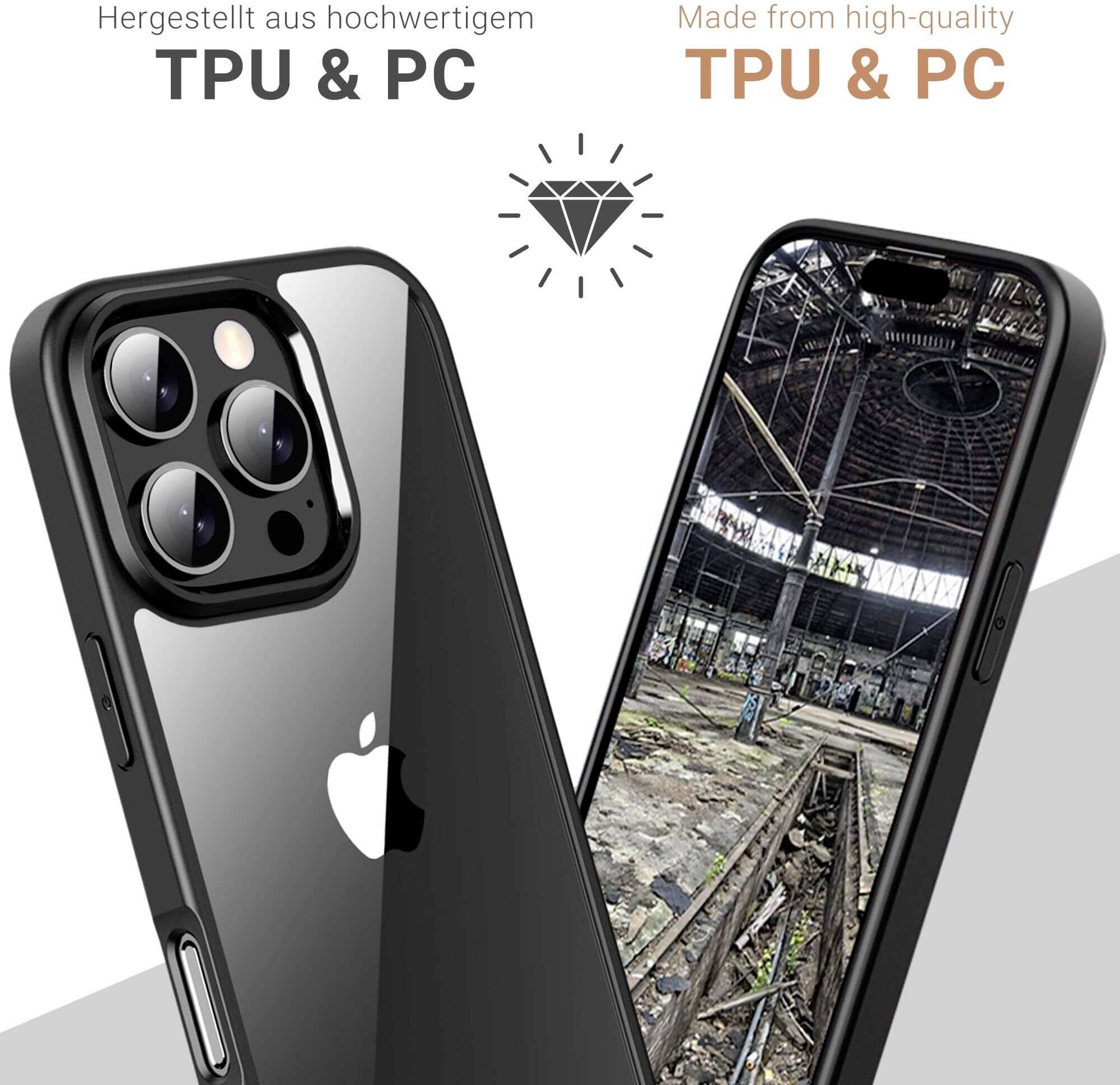 Transparente Smartphone-Hülle zeigt kaputte Fabrikhalle auf Handydisplay. Aus TPU und PC, betont Qualität.