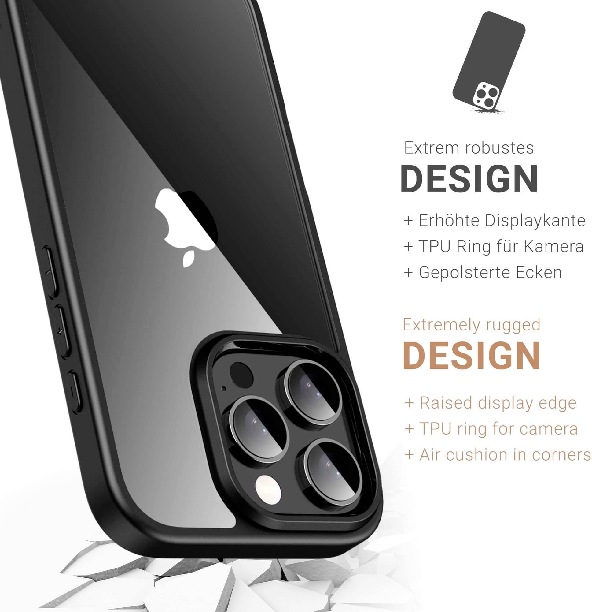 Ein robustes Smartphone-Hülle-Design mit erhöhter Displaykante, TPU-Ring für die Kamera und gepolsterten Ecken für maximalen Schutz.