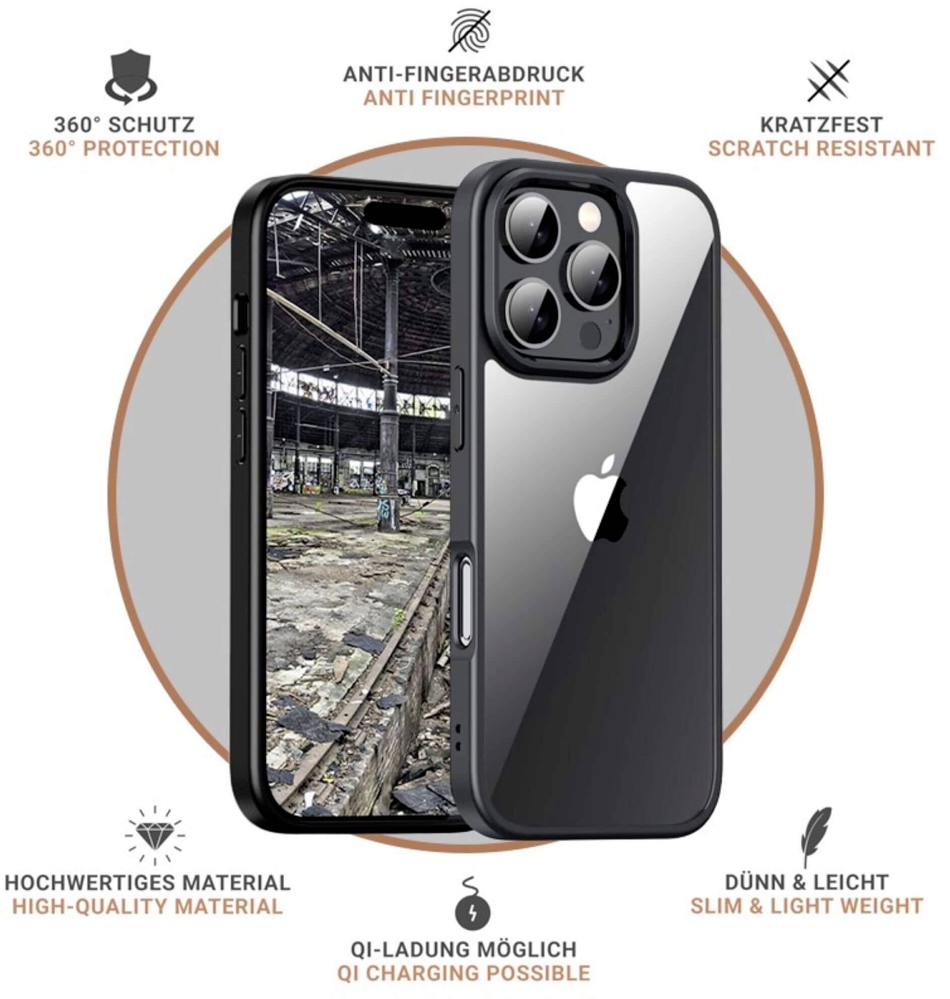 iPhone mit Hülle, bietet 360° Schutz, Anti-Fingerabdruck, kratzfest, hochwertiges Material, dünn und leicht, QI-Ladung möglich.