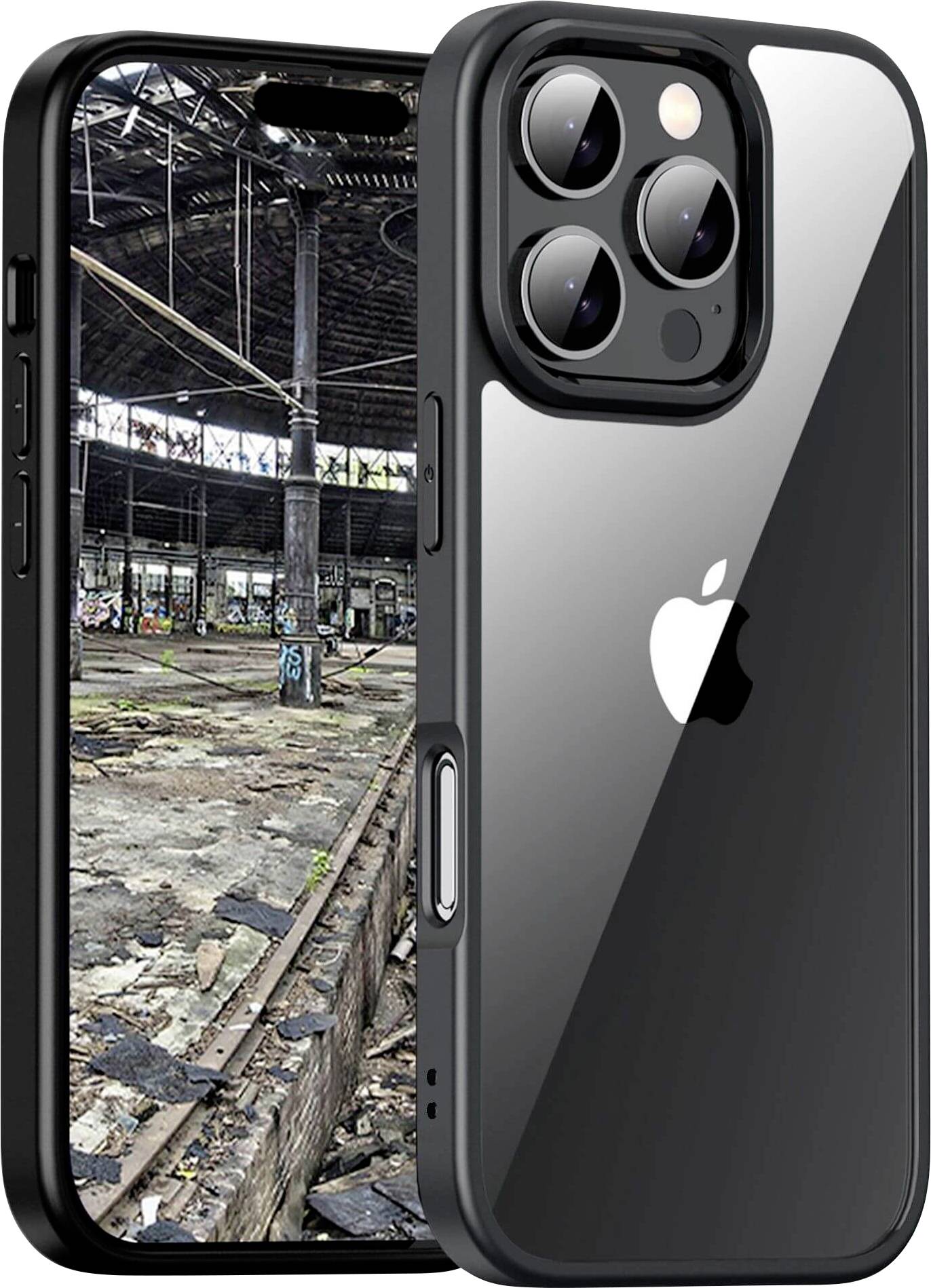 iPhone in schwarz mit Blick auf die Rückseite und Kamera. Das Display zeigt ein verlassenes, verfallenes Gebäude mit Graffiti.