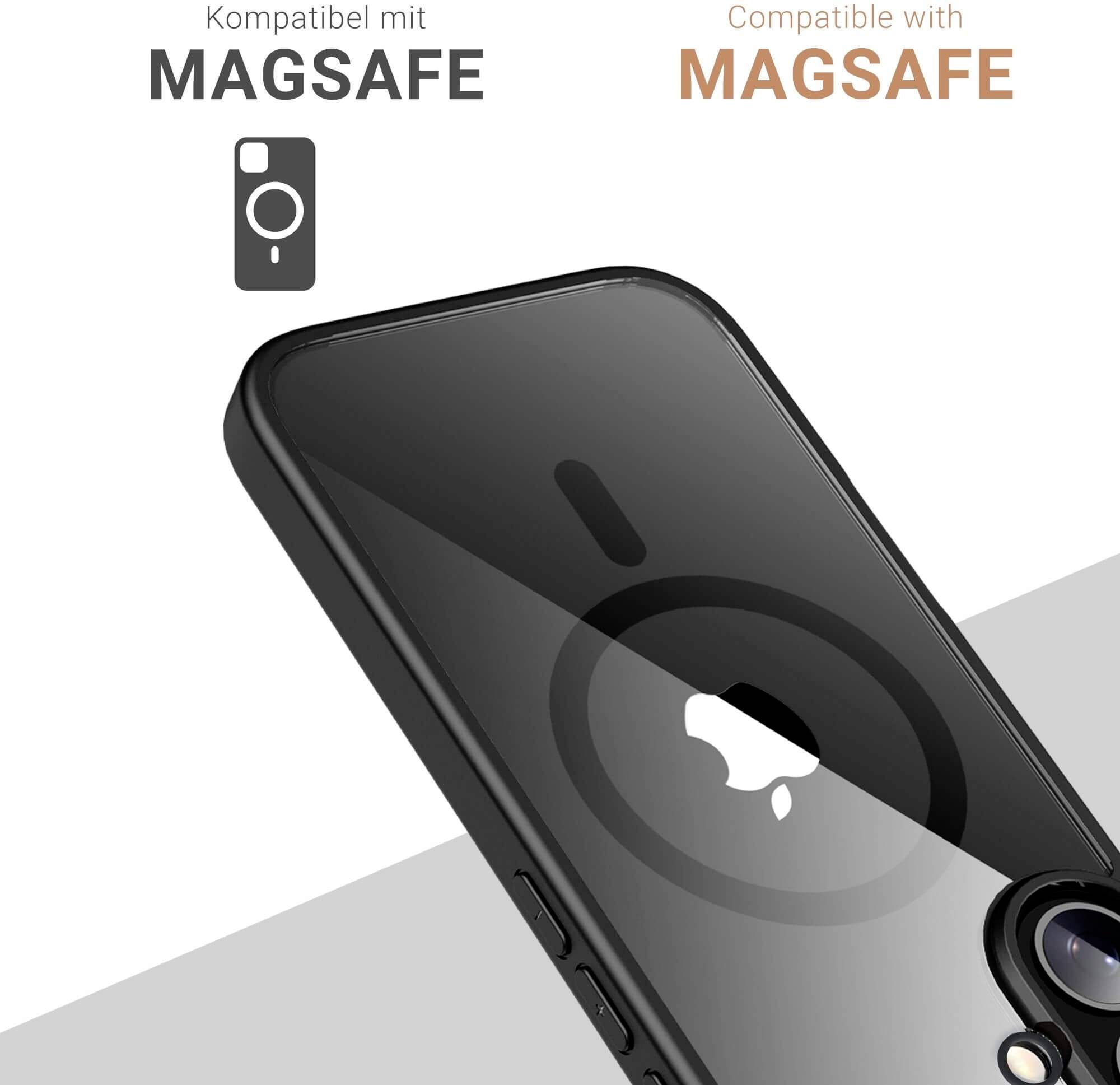 Ein schwarzes Smartphone-Hülle, das mit 'Magsafe' kompatibel ist. Oben links ein Icon, das Kompatibilität mit Magsafe zeigt.