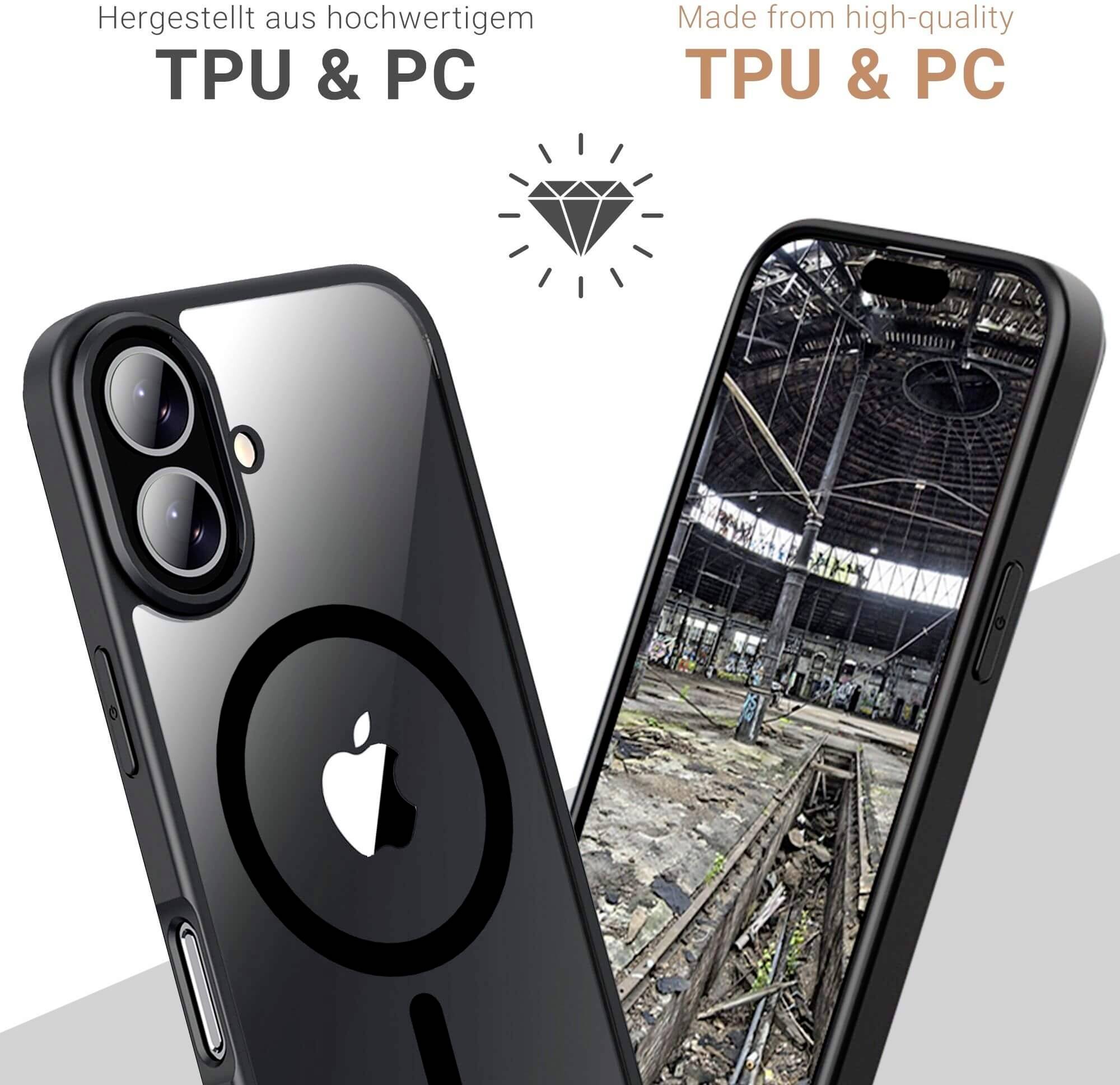 Hochwertige Handyhülle aus TPU und PC, zeigt Rückseite eines Smartphones und verlassene Industriehalle im Display. Markenname sichtbar.