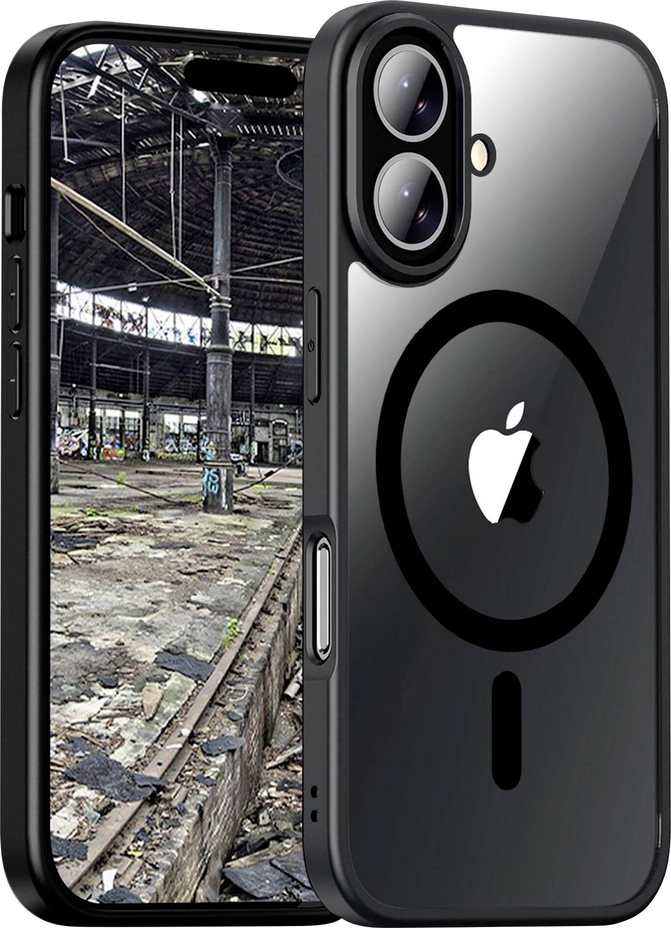Smartphone mit schwarzem Gehäuse, Rückseite zeigt großes, kreisförmiges Design um Apfel-Logo; Display zeigt verlassene Fabrikhalle.
