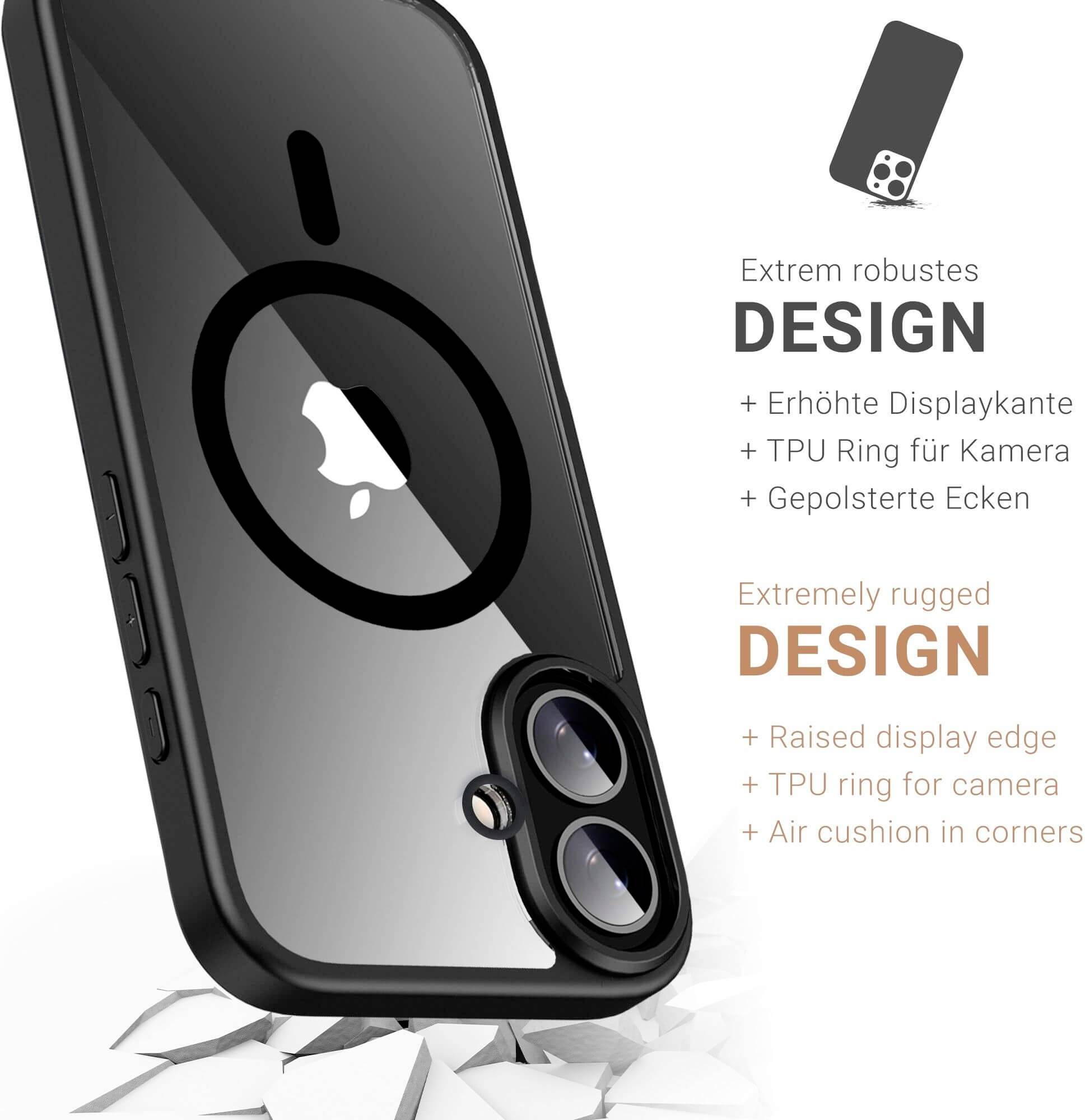 'Extrem robustes Design' Handyrückseite mit erhöhtem Displayrand, TPU-Ring für Kamera und gepolsterten Ecken. Fällt auf zerbrochene Oberfläche.
