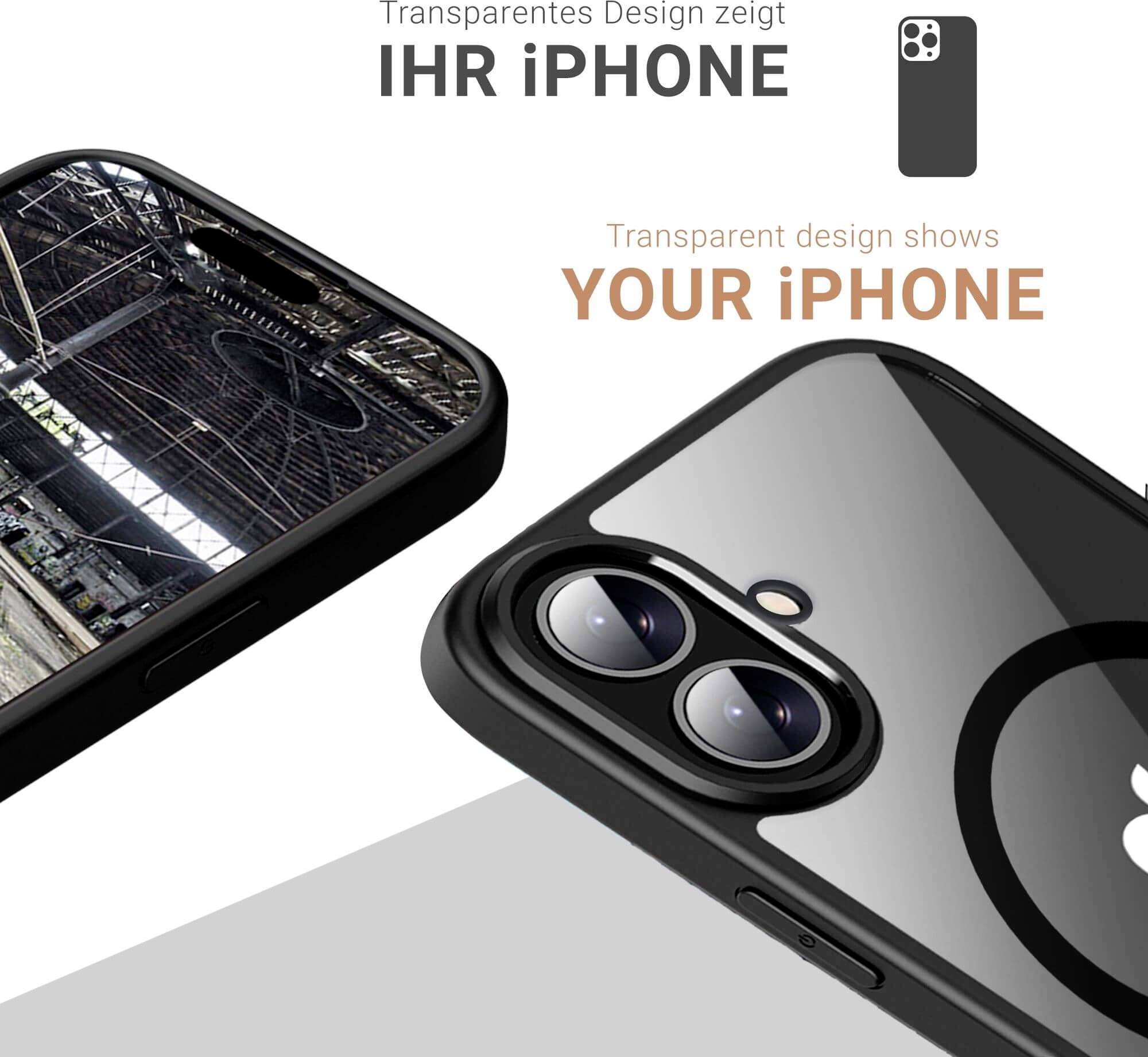 Transparentes Handyhüllendesign, das die iPhone-Rückseite zeigt. Oben Text 'Transparentes Design zeigt IHR iPHONE'.