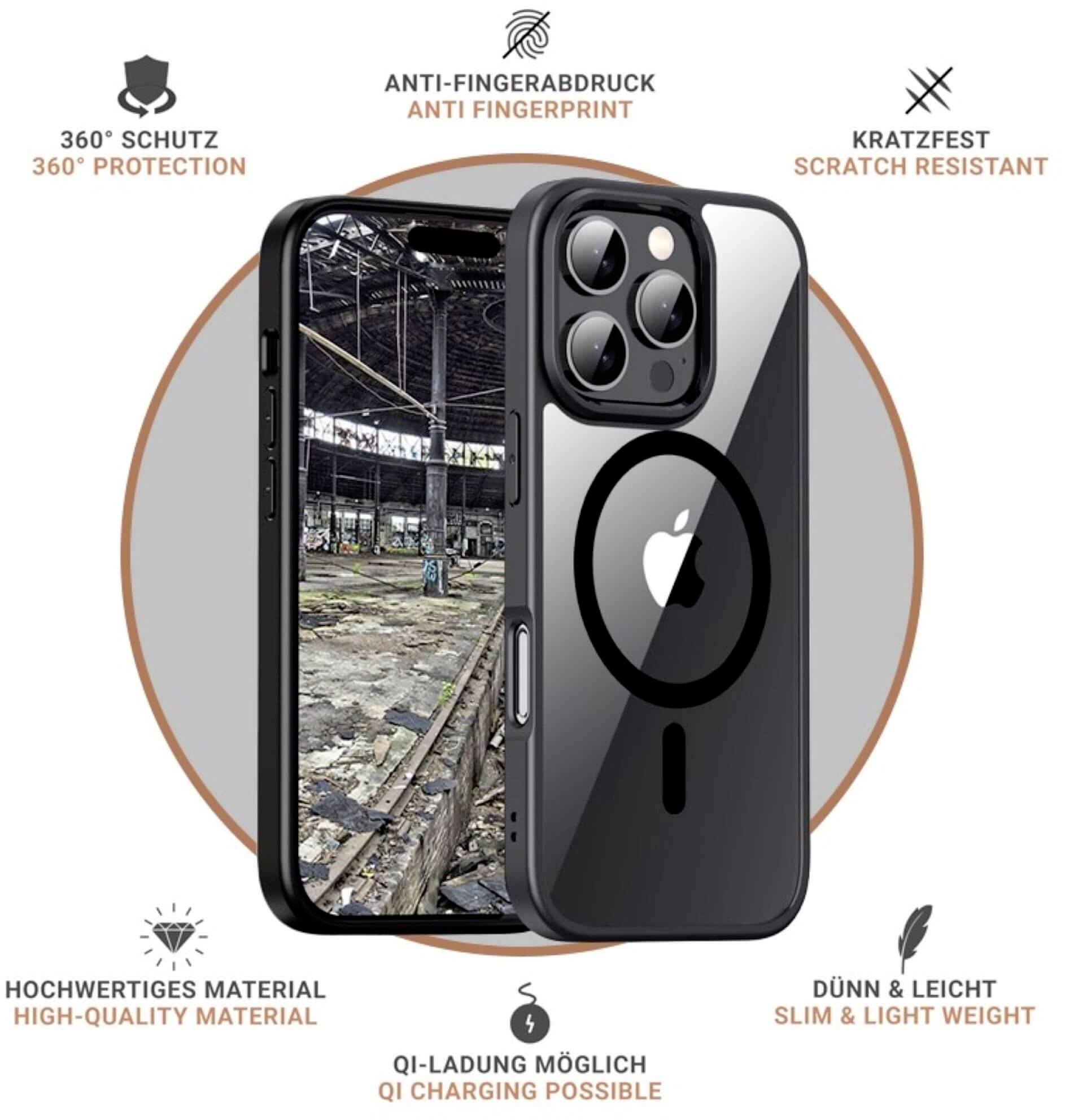 Schwarzes Smartphone-Case mit Kameraschutz und Apple-Logo, beworben mit 360°-Schutz, kratzfest, Anti-Fingerprint und Qi-Ladung.